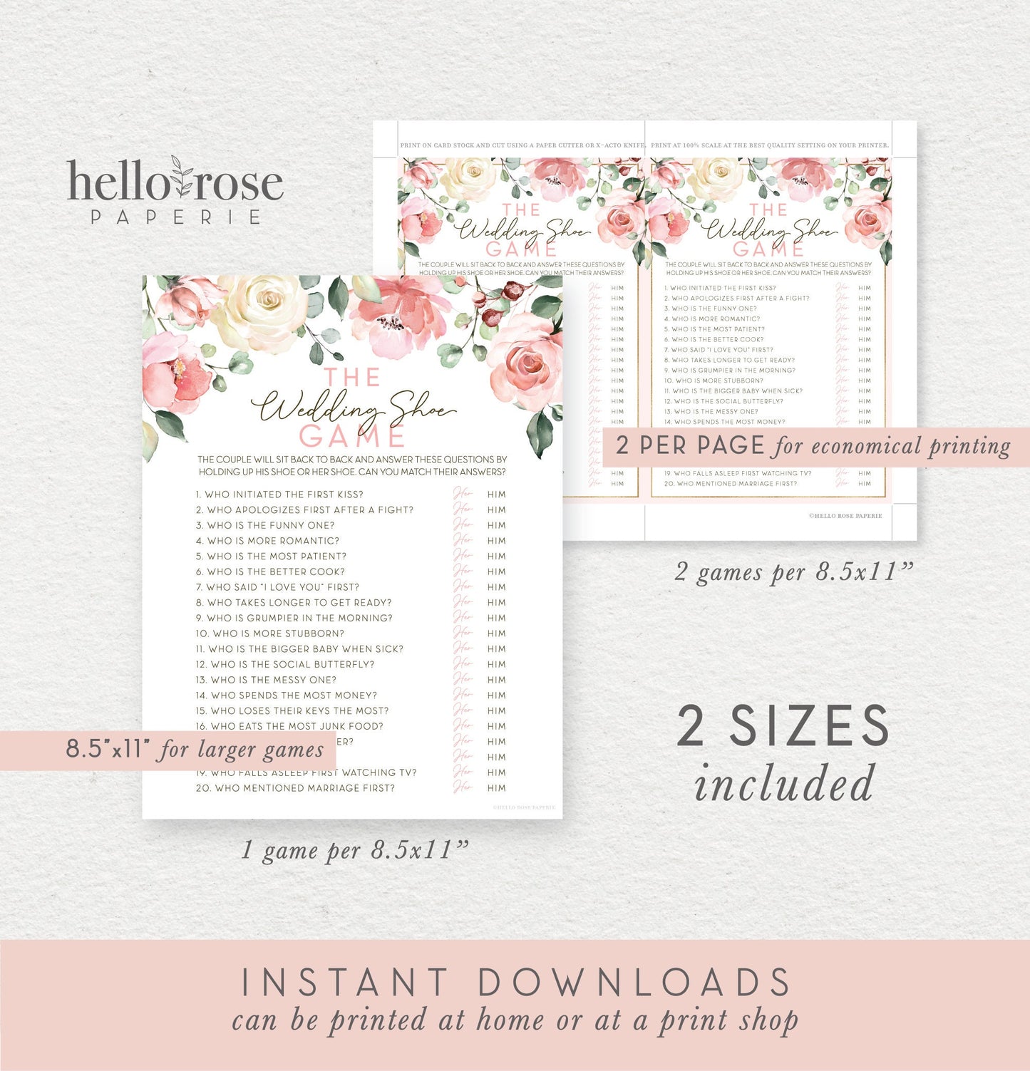 The Wedding Shoe Game Printable . Bridal Wedding Shower . Engagement Party . Rustic Pink Roses and Greenery Eucalyptus . Instant Download