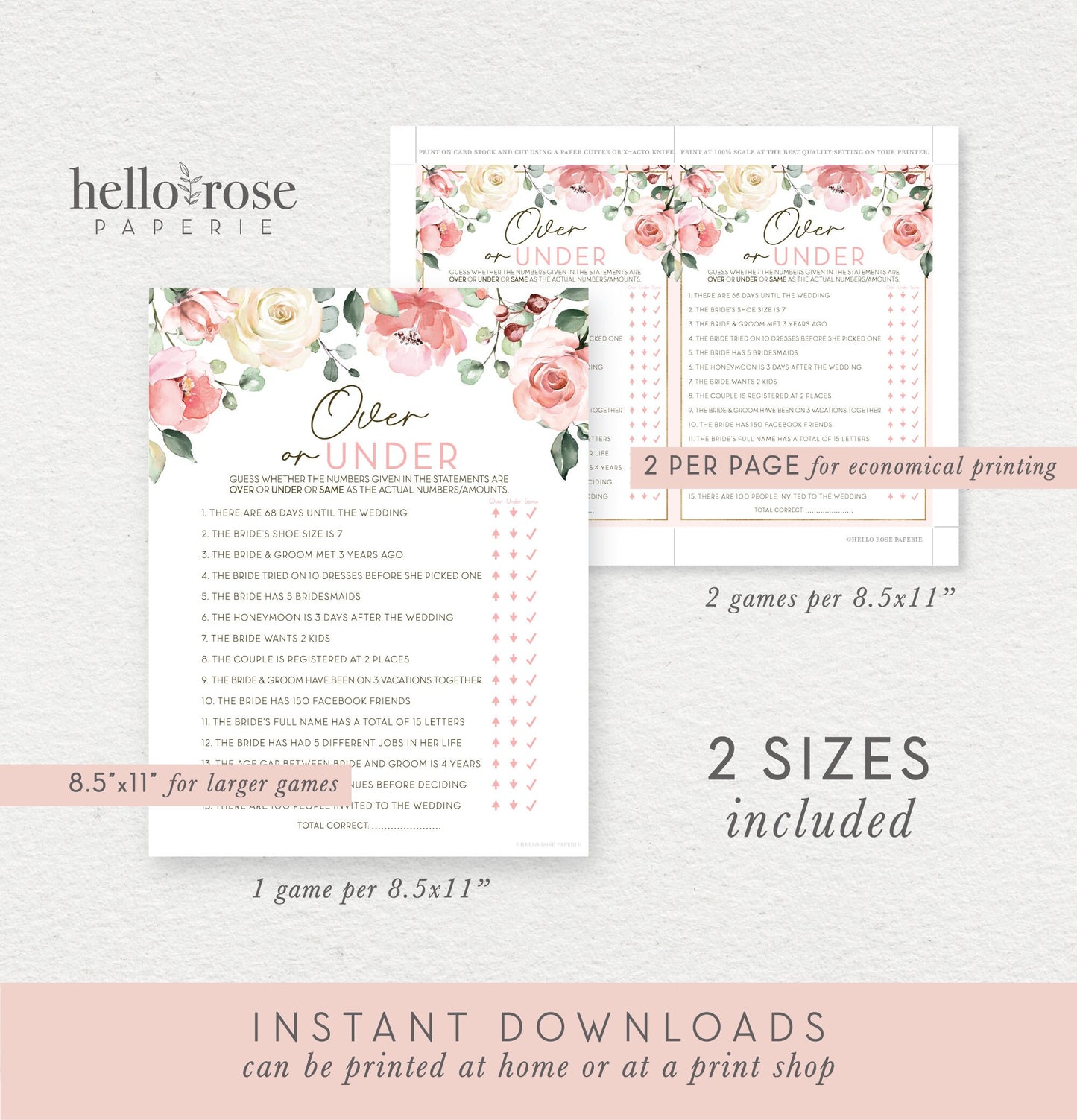 Over or Under Floral Bridal Shower Game . Printable Bachelorette Hens Party Game . Blush Pink Roses Eucalyptus Greenery . Instant Download