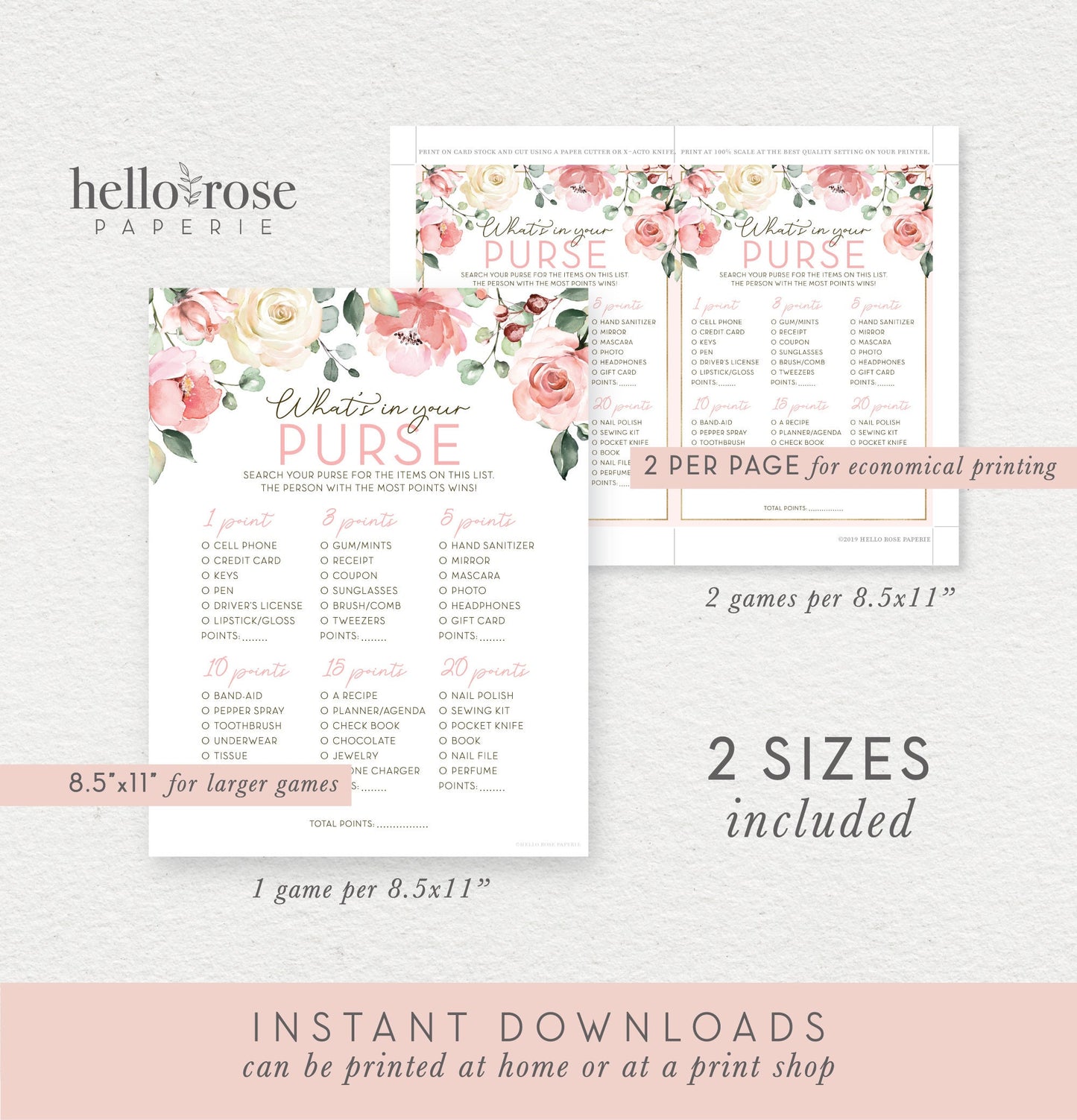 Whats in Your Purse Floral Bridal Shower Printable Game . Bachelorette Hens Party . Rustic Pink Roses Eucalyptus Greenery . Instant Download