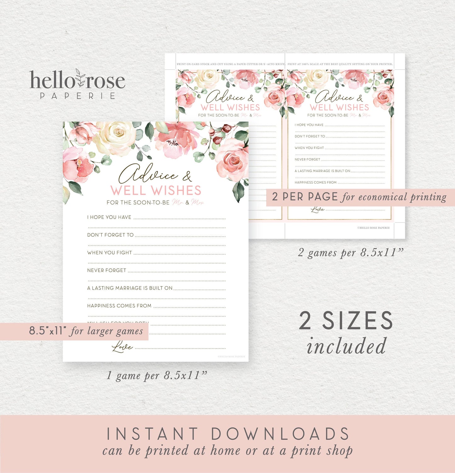 Advice and Well Wishes for the Soon to Be Mr and Mrs . Bridal Shower Printable Wedding Cards . Pink Roses Eucalyptus . Instant Download