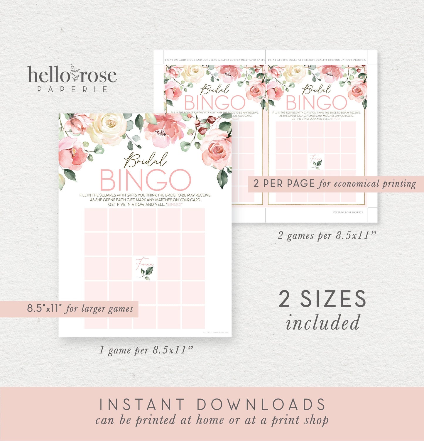 Bridal Shower BINGO Game . Printable Gift Opening Game . Blush Pink Roses Eucalyptus Greenery . Instant Digital Download