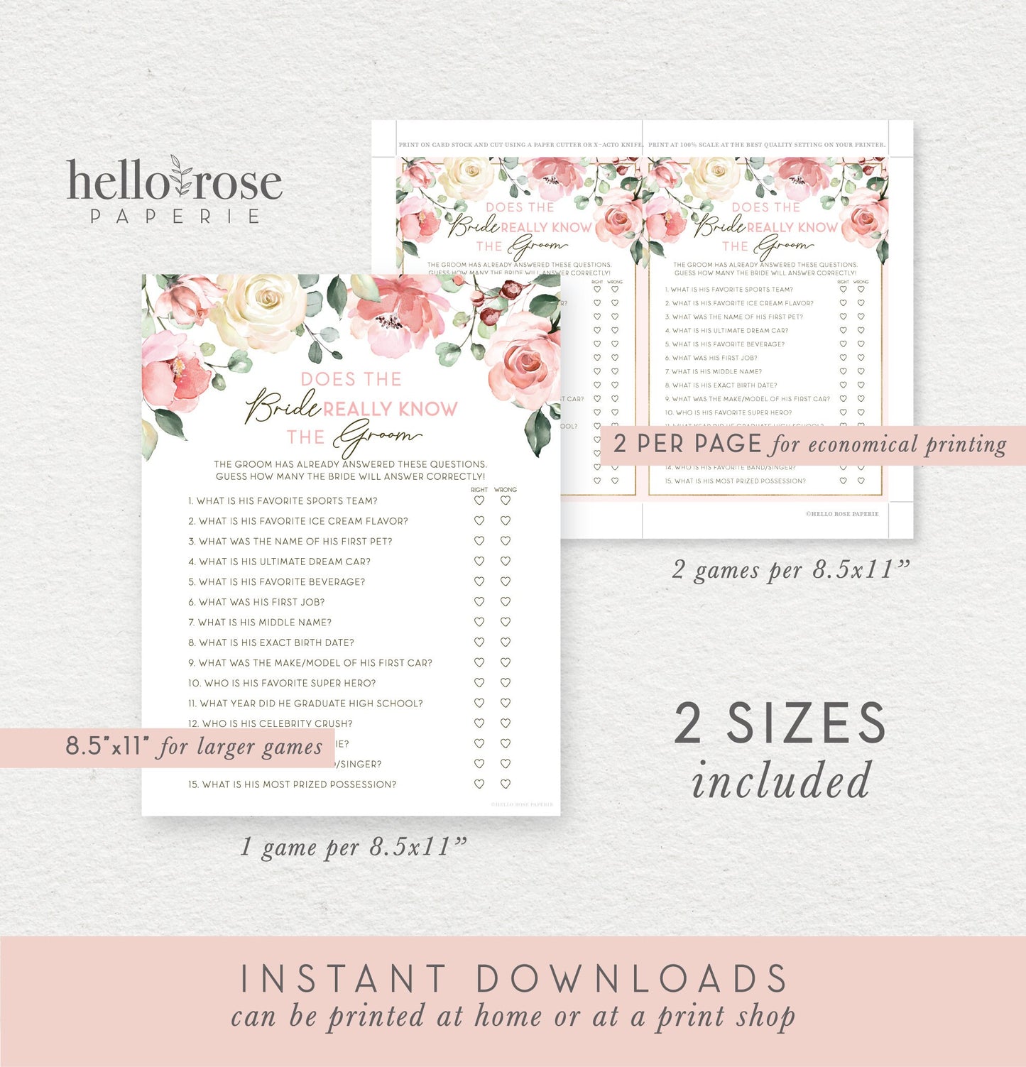 Does the Bride Really Know the Groom . Printable Bridal Shower Game . Bachelorette Hens Party . Blush Pink Roses Greenery . Instant Download