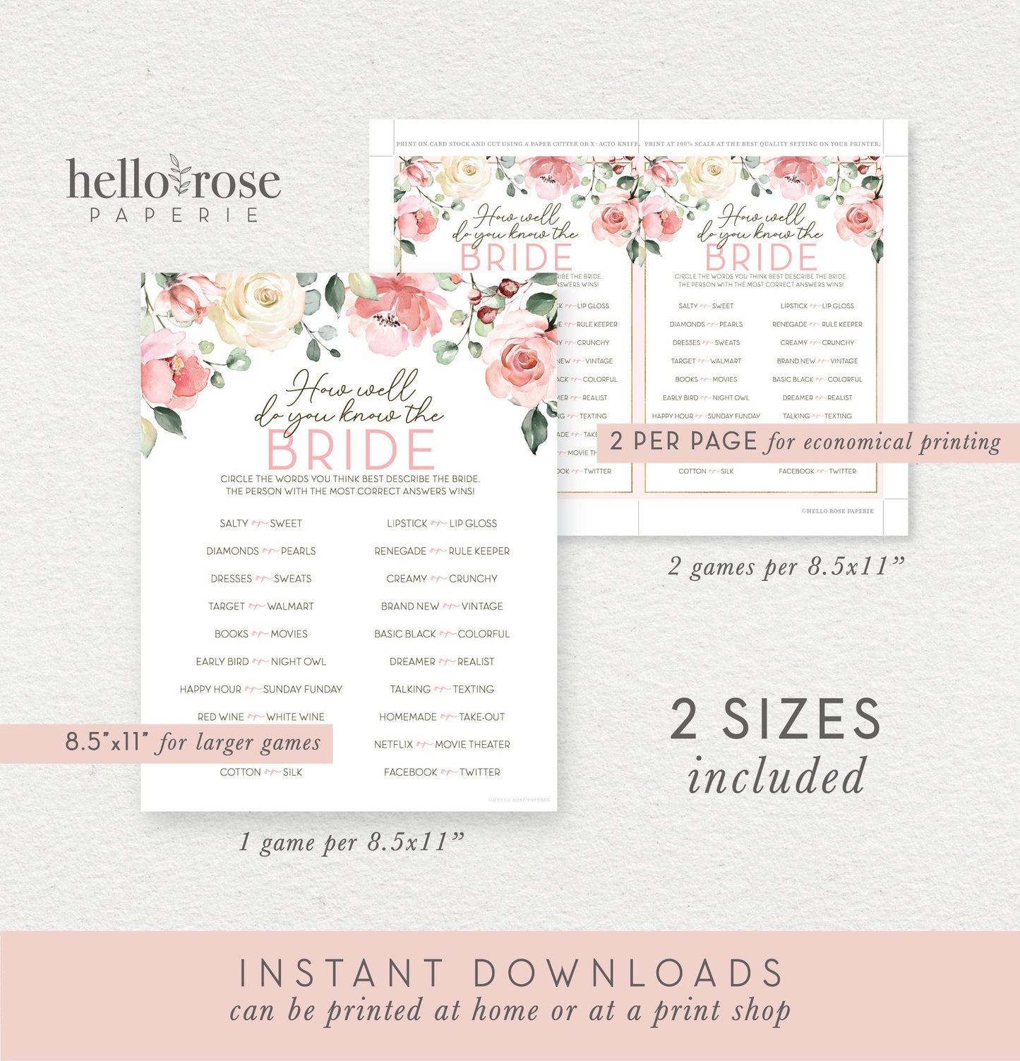 How Well Do You Know the Bride Printable Bridal Shower Game . Bachelorette Party . Blush Pink Roses Greenery Eucalyptus . Instant Download