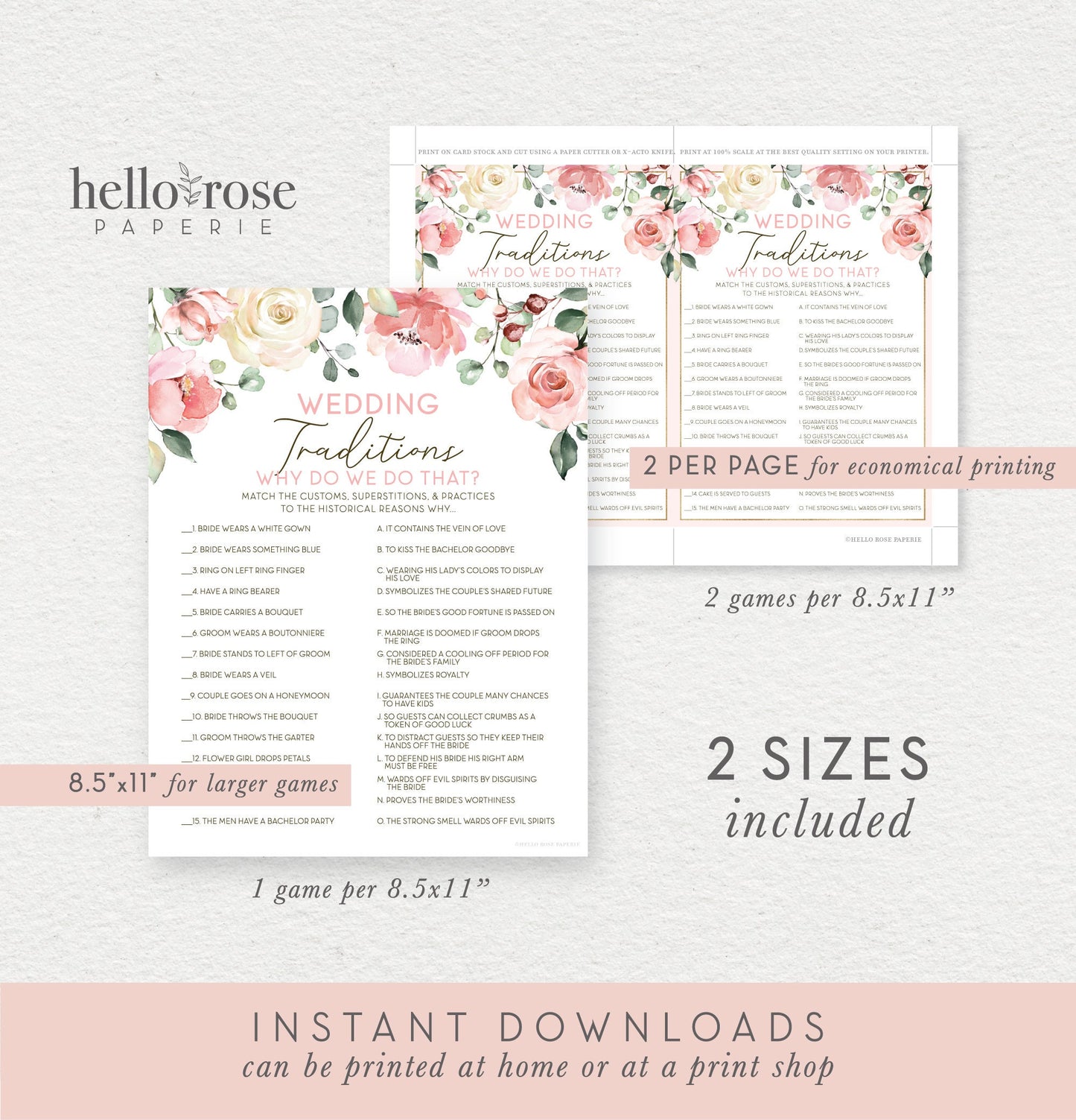 Wedding Traditions . Floral Bridal Shower Printable Game . Hen Bachelorette Party . Pink Roses Greenery Eucalyptus . Instant Download