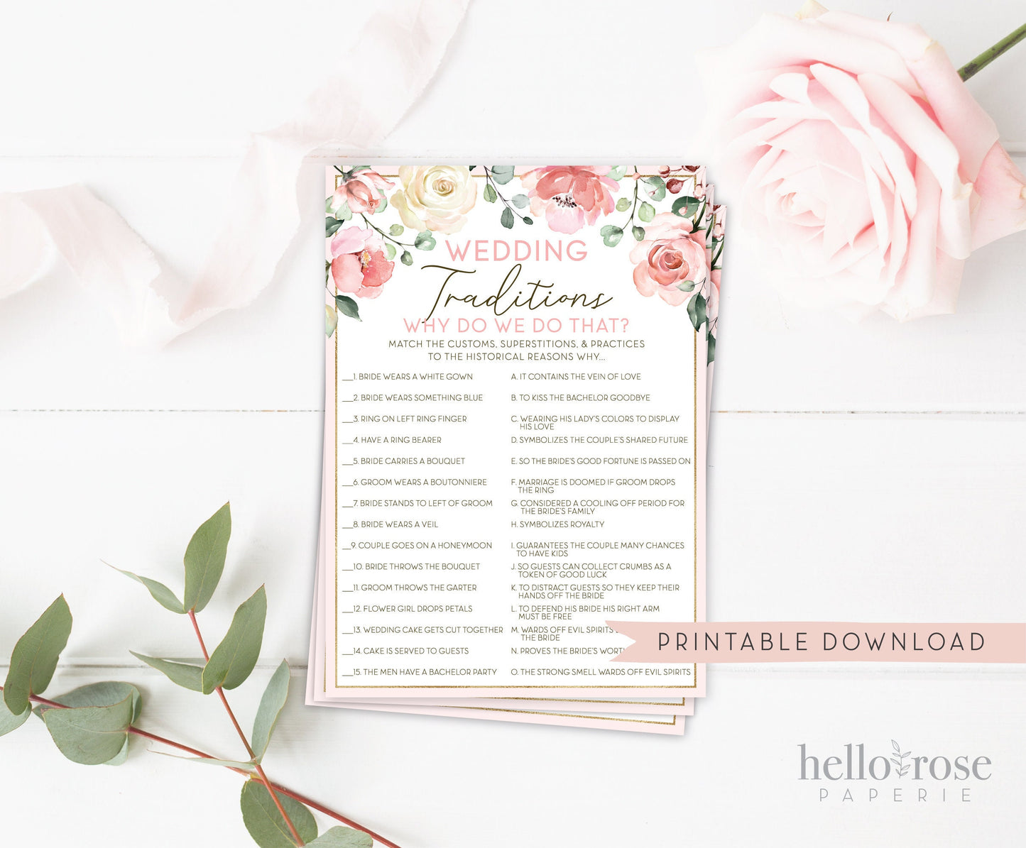 Wedding Traditions . Floral Bridal Shower Printable Game . Hen Bachelorette Party . Pink Roses Greenery Eucalyptus . Instant Download