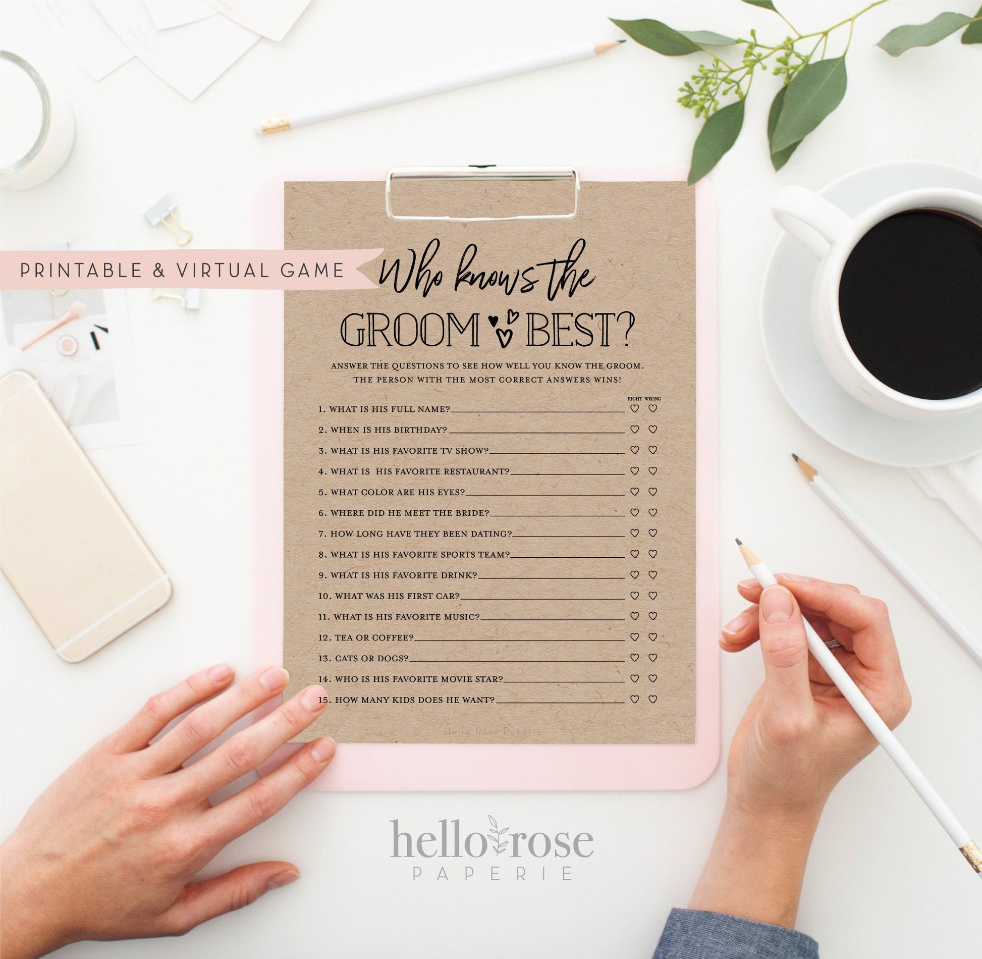 Who Knows the Groom Best . Printable Bridal Wedding Couples Shower Game . Kraft + Minimalist Black and White . Instant Digital Download PDF