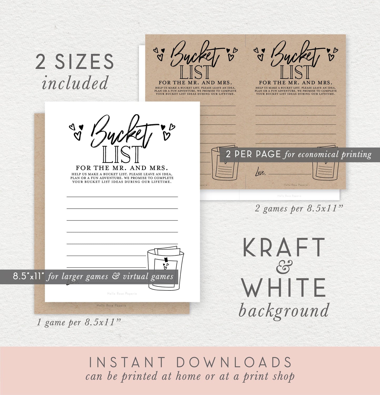 Bucket List Cards for the Mr and Mrs Printable . Bridal Couples Shower Game . Kraft + Minimalist Black and White . Instant Digital Download
