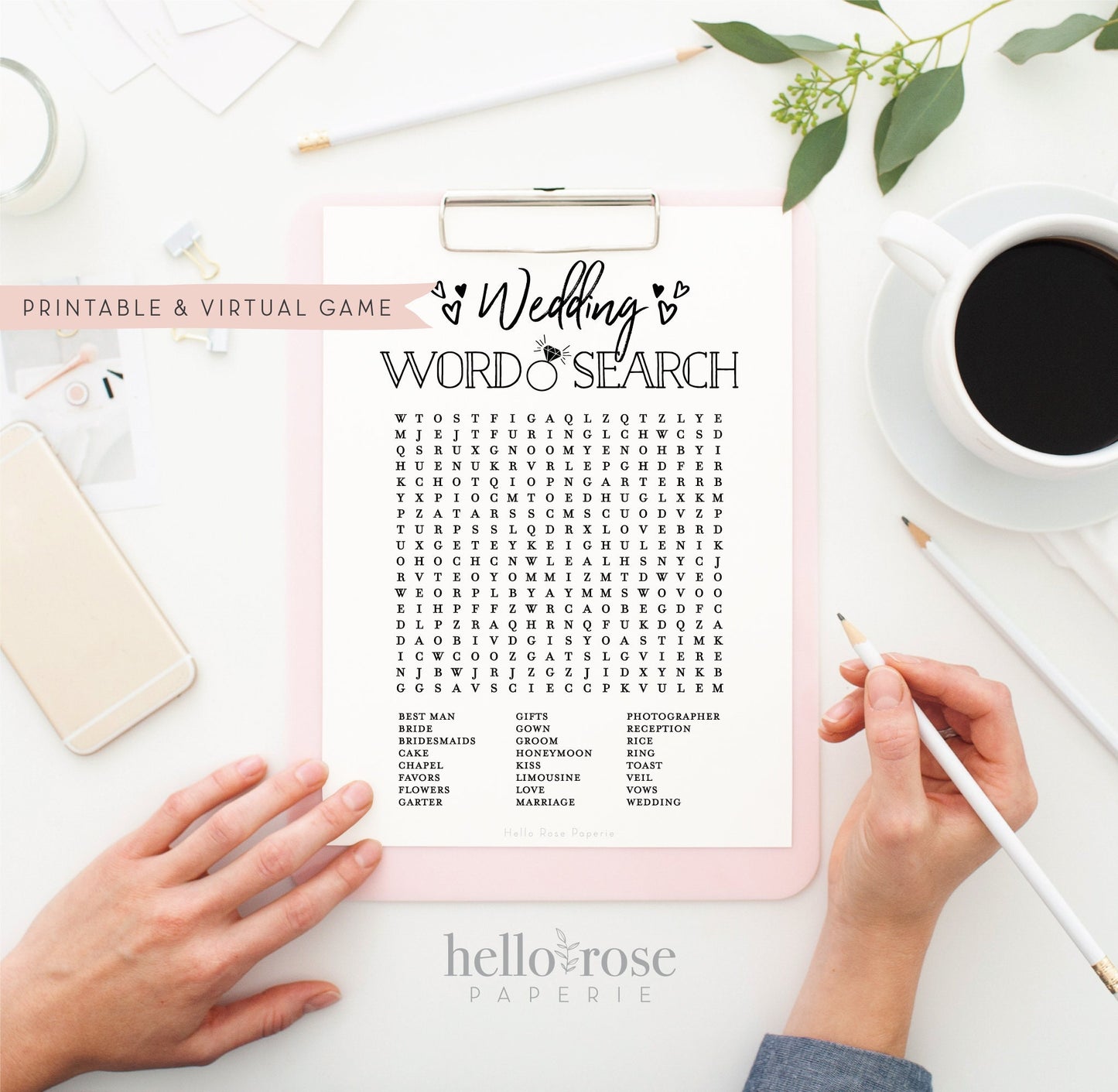 Wedding Word Search Printable Bridal Shower Game . Kraft + Minimalist Black White . Bachelorette Hens Party . Instant Digital Download K3