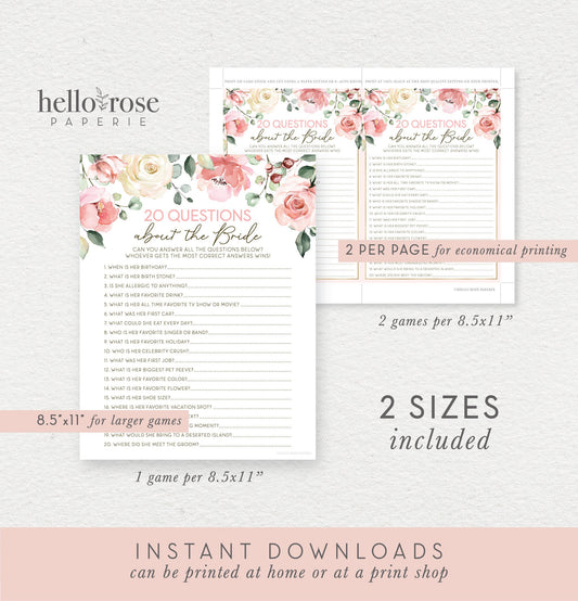 20 Questions About the Bride Printable . Bridal Shower Bachelorette Party Game . Rustic Pink Roses Greenery Eucalyptus . Instant Download