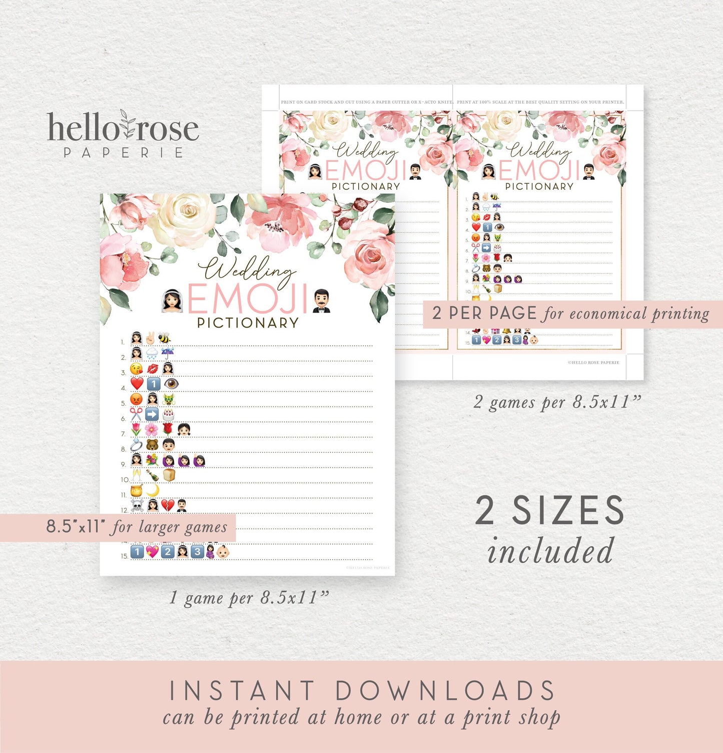 Wedding Emoji Pictionary Floral Bridal Shower Game . Printable Icebreaker . Hen Bachelorette Party . Pink Rose Eucalyptus . Instant Download