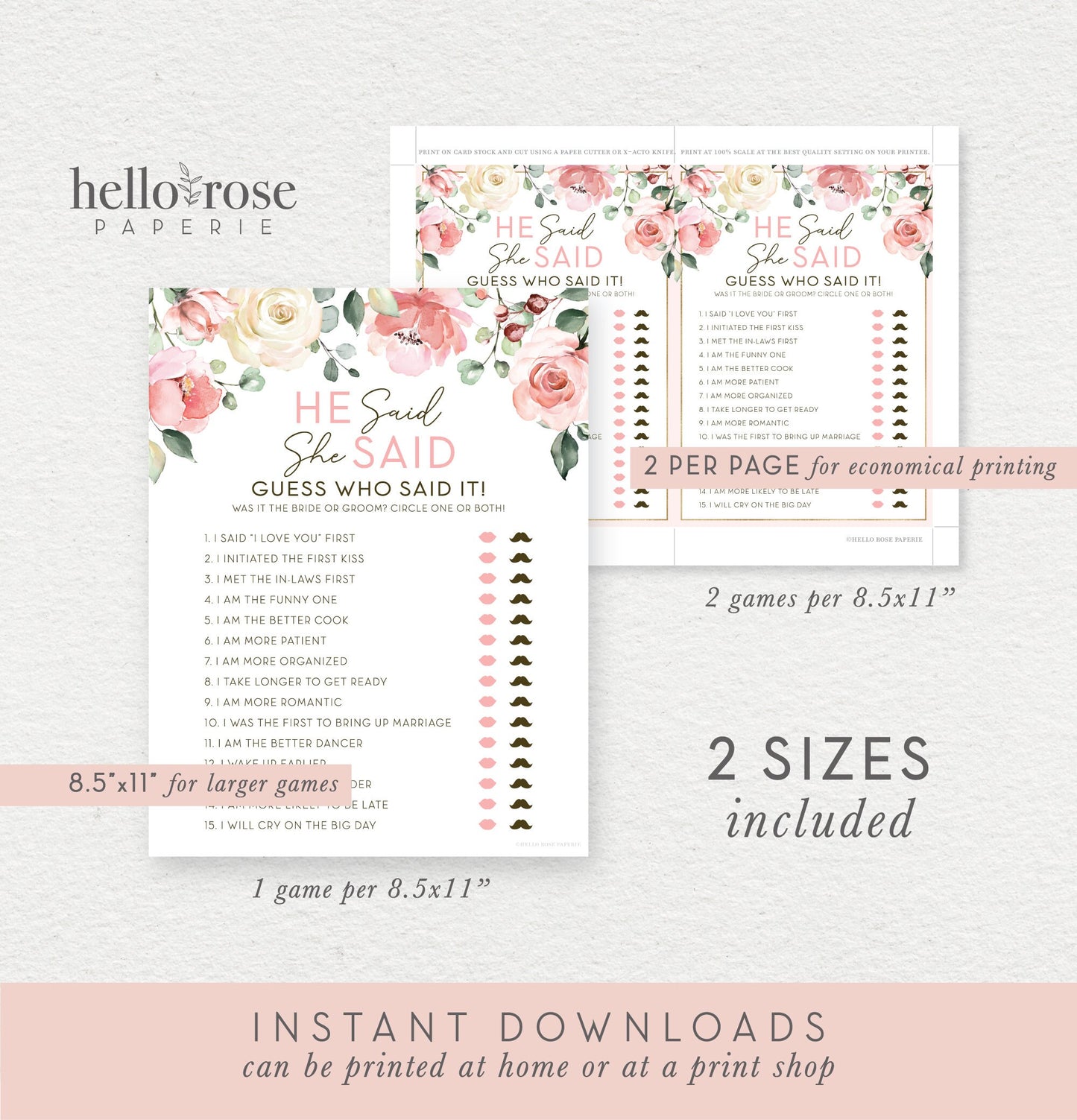 He Said She Said Floral Bridal Shower Game . Printable Icebreaker . Hen Bachelorette Party . Rustic Pink Roses Eucalyptus . Instant Download