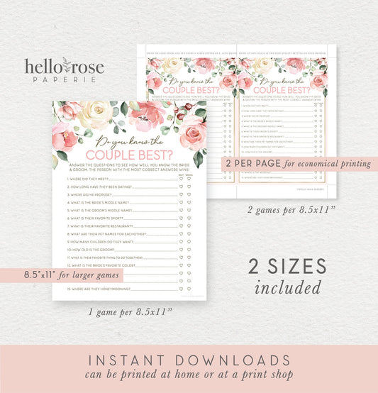 Do You Know the Couple Best . Printable Bridal Shower Game . Bachelorette Party . Rustic Pink Roses Greenery Eucalyptus . Instant Download