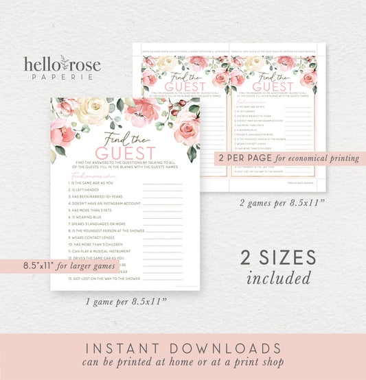 Find the Guest Floral Bridal Shower Game . Printable Icebreaker Game . Hens Party . Rustic Pink Roses Eucalyptus . Instant Download