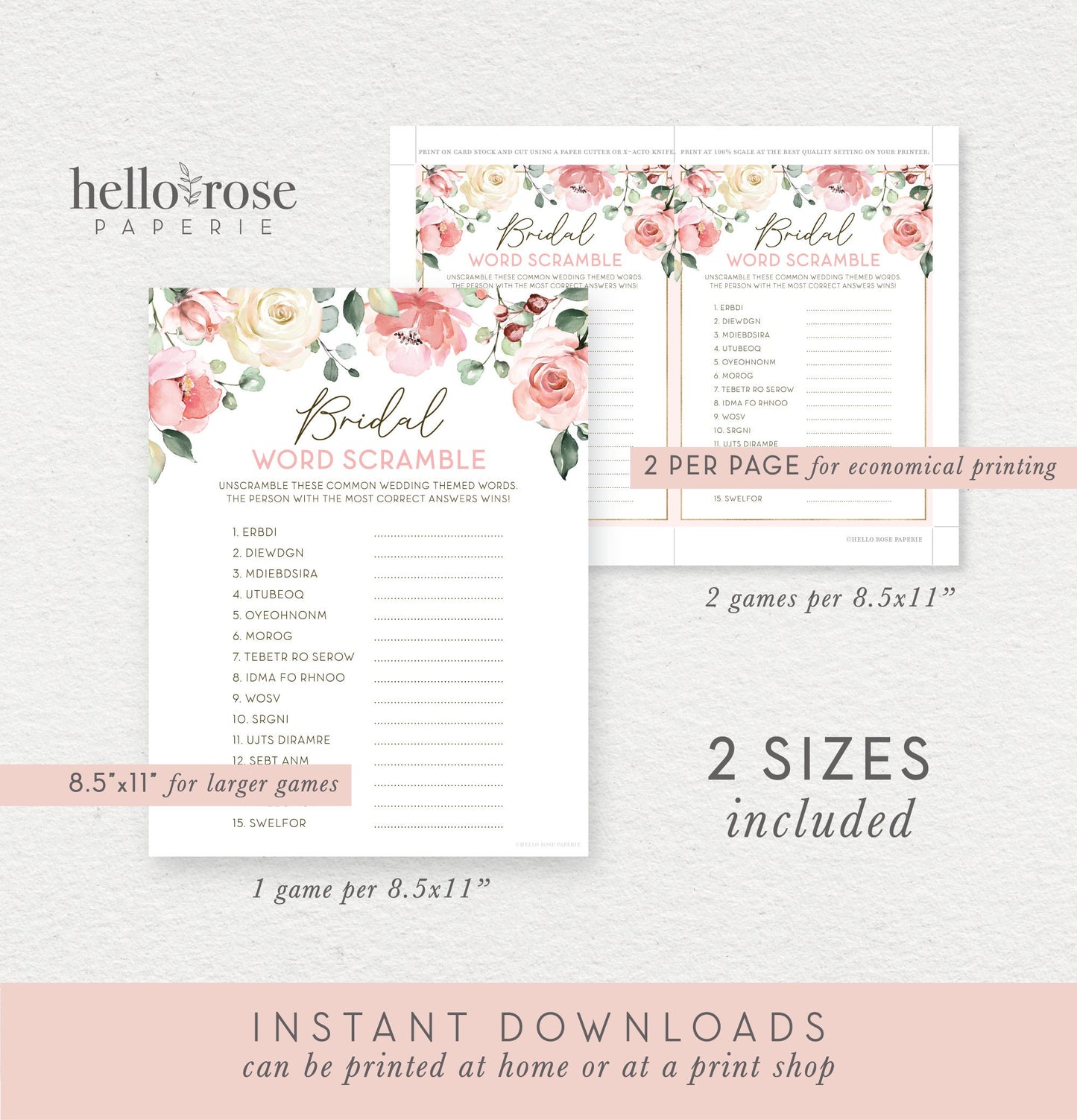 Word Scramble Bridal Shower Game . Printable Wedding Shower . Hen Bachelorette Party . Pink Rose Eucalyptus . Instant Download