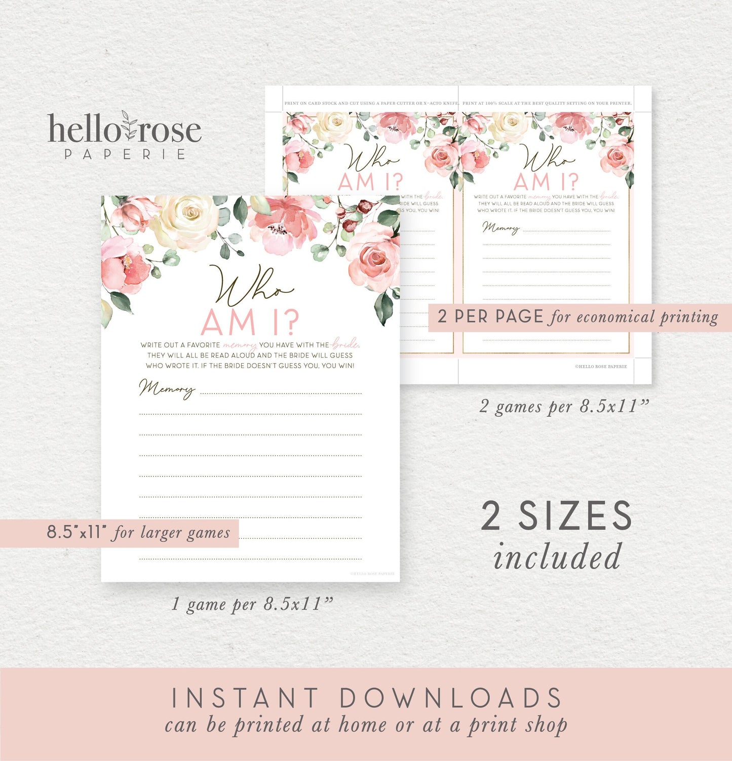 Who Am I Bridal Shower Game . Printable Icebreaker . Bachelorette Hens Party . Blush Pink Roses Eucalyptus . Instant Download