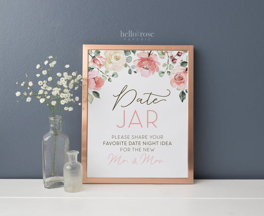 Date Night Ideas Jar Printable Sign + Cards 8x10 . Floral Watercolor . Bridal Shower Wedding Engagement Bachelorette Hens . Instant Download