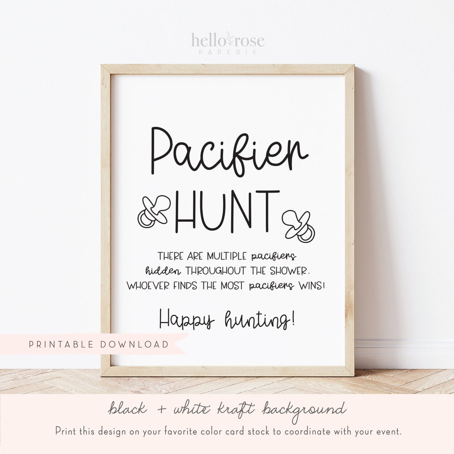 Pacifier Hunt Baby Shower Game Sign . Boy Girl Neutral . Kraft + Minimalist Black & White . Printable 8x10 Instant Digital Download . K4