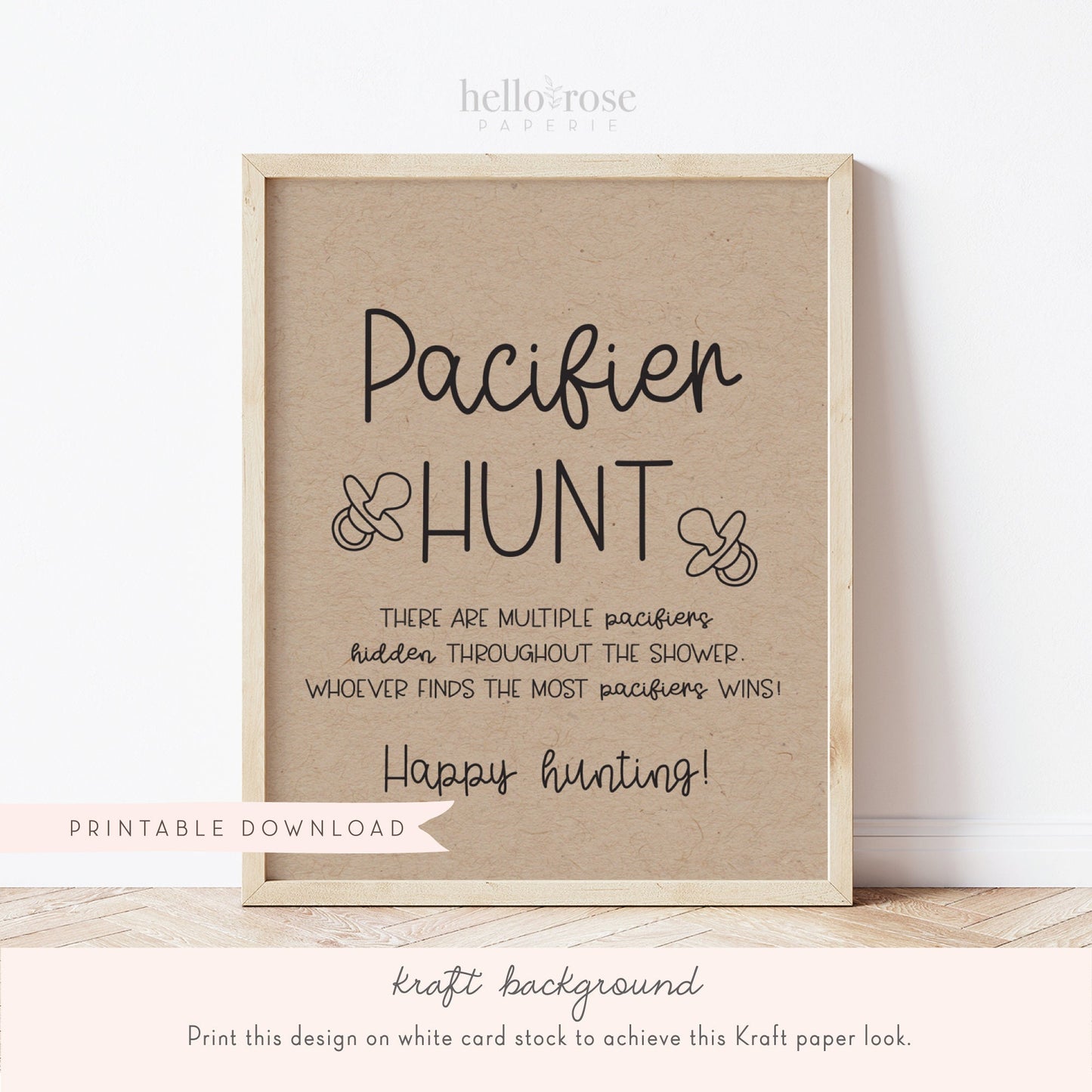 Pacifier Hunt Baby Shower Game Sign . Boy Girl Neutral . Kraft + Minimalist Black & White . Printable 8x10 Instant Digital Download . K4