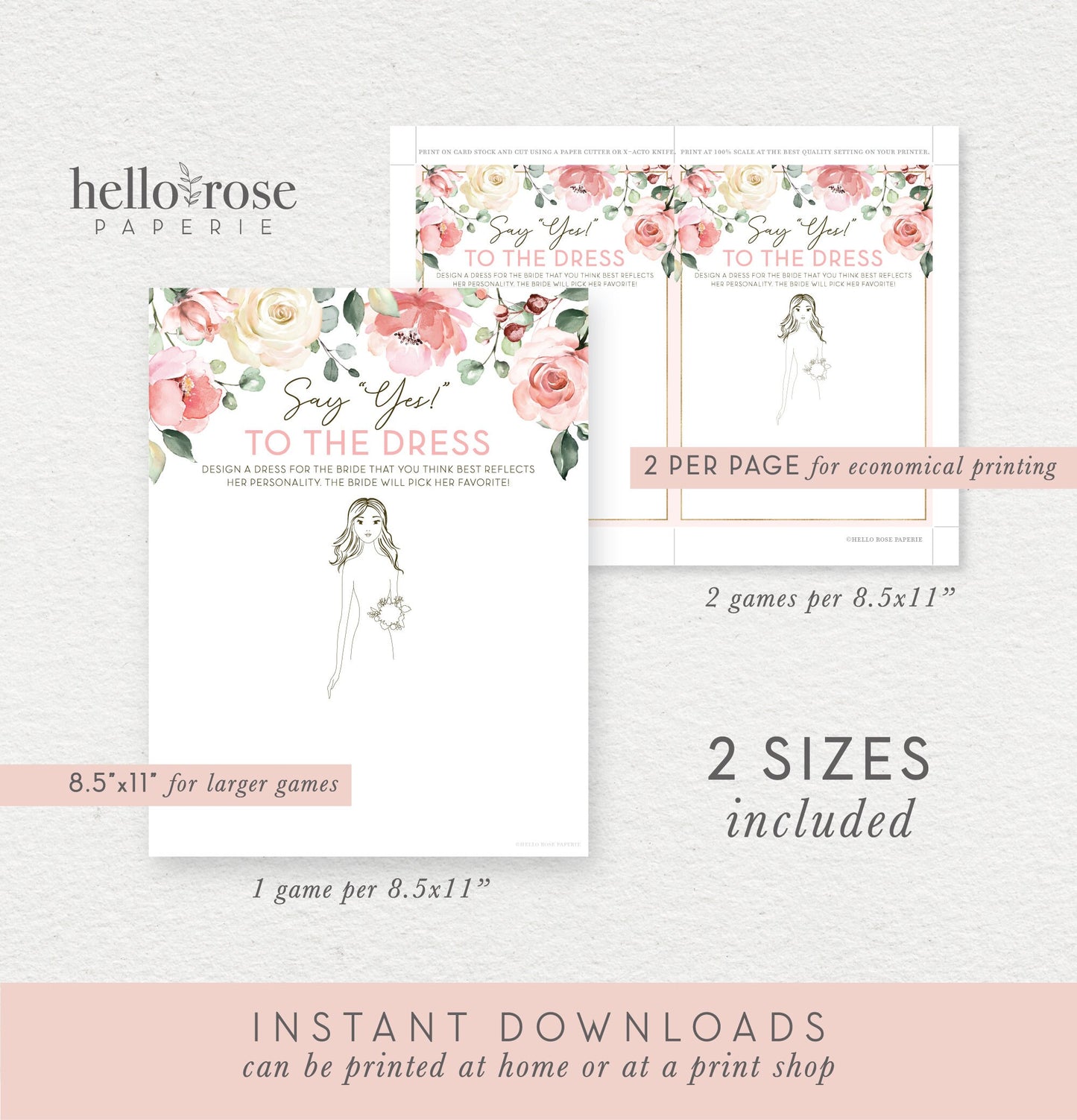 Say Yes to the Dress Pink Floral Bridal Shower Game . Bachelorette Hens Party . Blush Pink Roses Eucalyptus Greenery . Instant Download