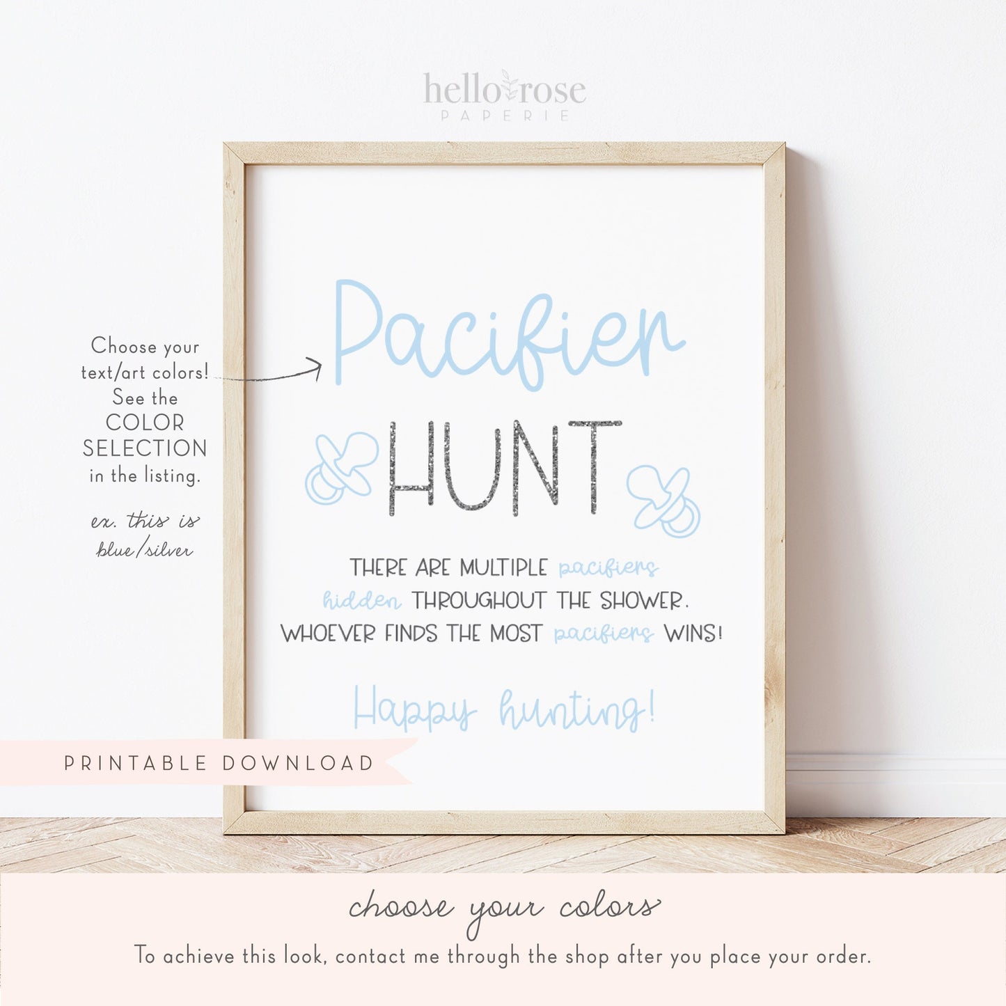 Pacifier Hunt Baby Shower Game Table Sign . Pink and Rose Gold . Girl Baby Shower Game . Printable 8x10 Instant Digital Download . K4