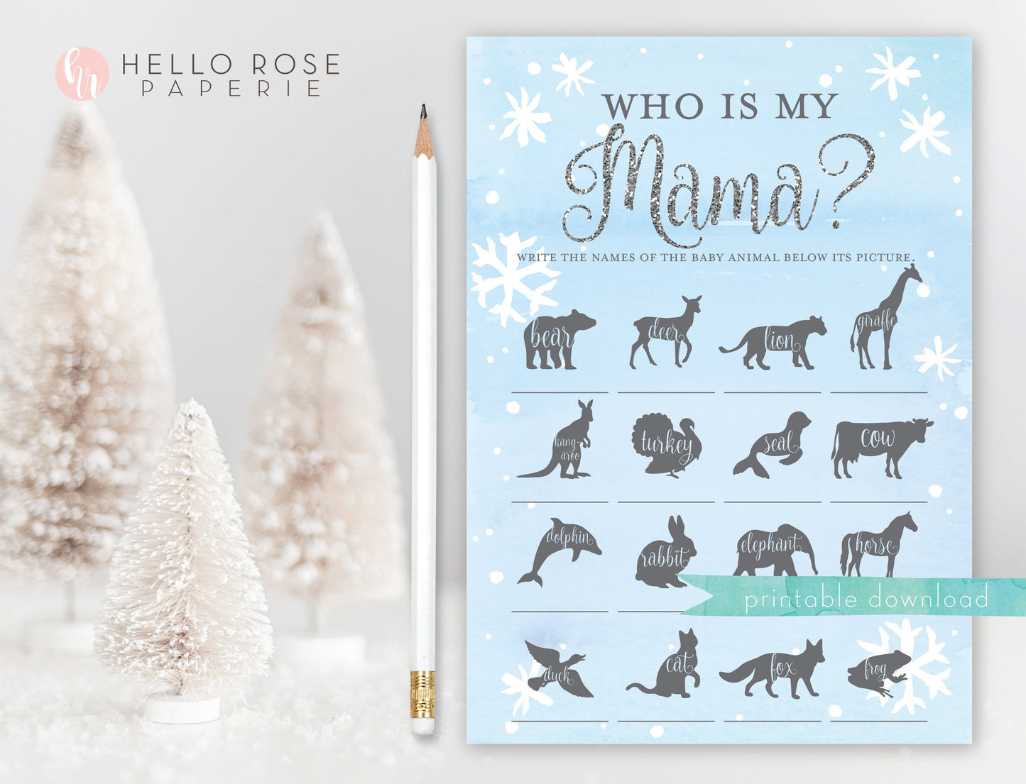 Who is My Mama . Guess My Mommy Baby Shower Game . Baby It's Cold Outside Boy . Blue Silver . Winter Snowflakes . Printable Instant Download