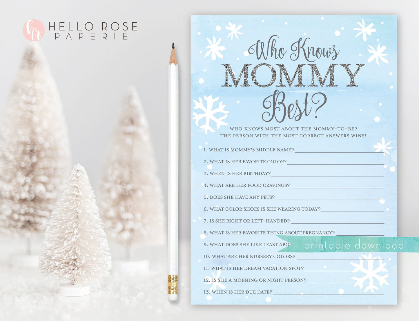 Who Knows Mommy Best Printable Baby Shower Game . Baby It's Cold Outside Boy . Winter Snowflakes Blue Silver . Printable Instant Download