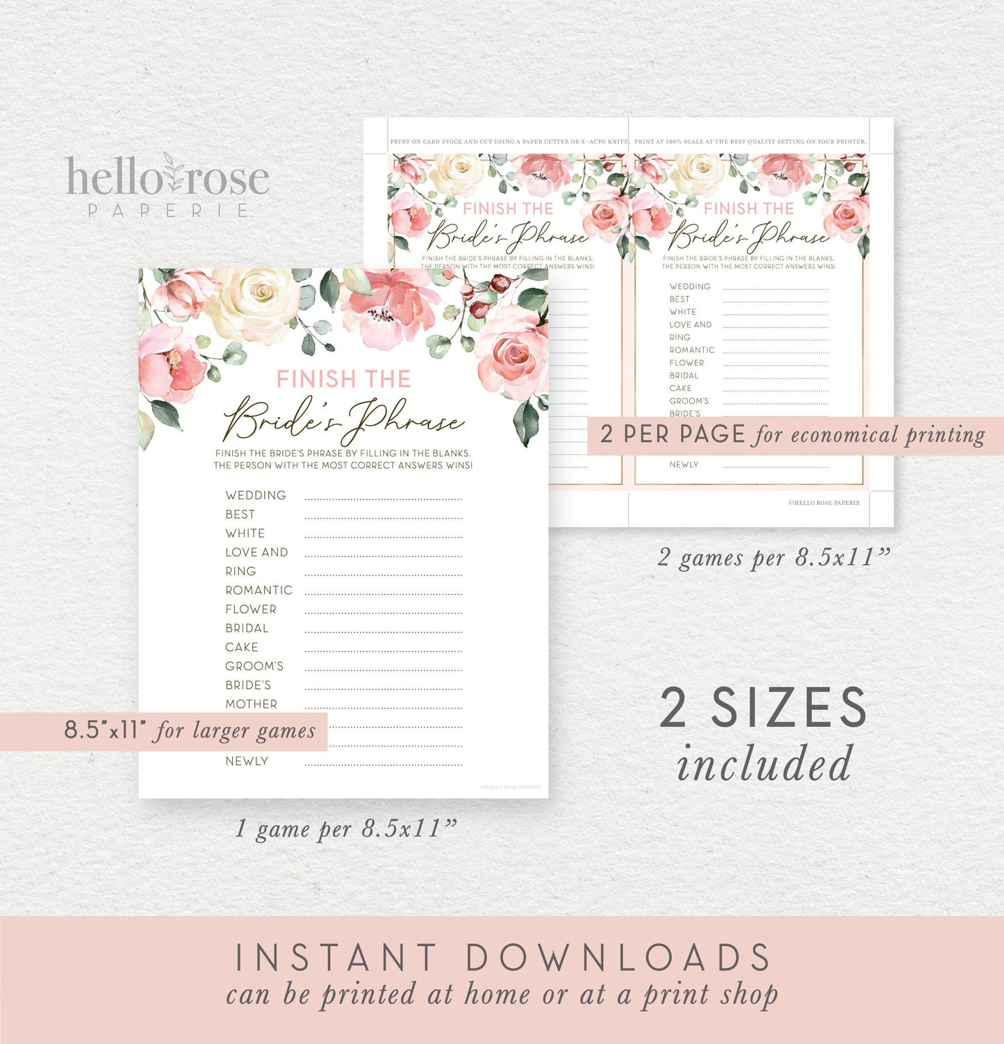 Finish the Bride's Phrase Printable Bridal Shower Bachelorette Hens Party Game . Blush Pink Roses Greenery Eucalyptus . Instant Download