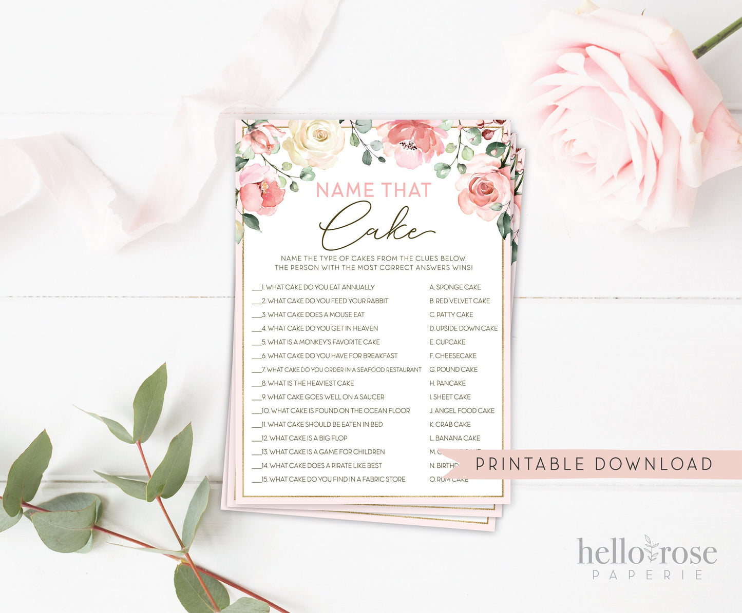 Name That Cake Floral Bridal Shower Game . Printable Icebreaker . Hen Bachelorette Party . Pink Rose Eucalyptus . Instant Download