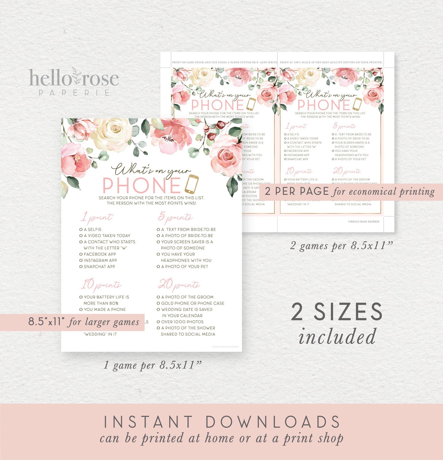Whats on Your Phone Floral Bridal Shower Printable Game . Bachelorette Hens Party . Blush Pink Roses Eucalyptus Greenery . Instant Download