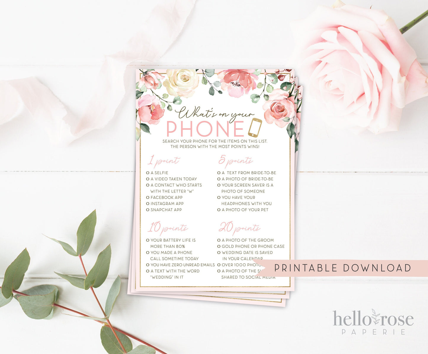 Whats on Your Phone Floral Bridal Shower Printable Game . Bachelorette Hens Party . Blush Pink Roses Eucalyptus Greenery . Instant Download