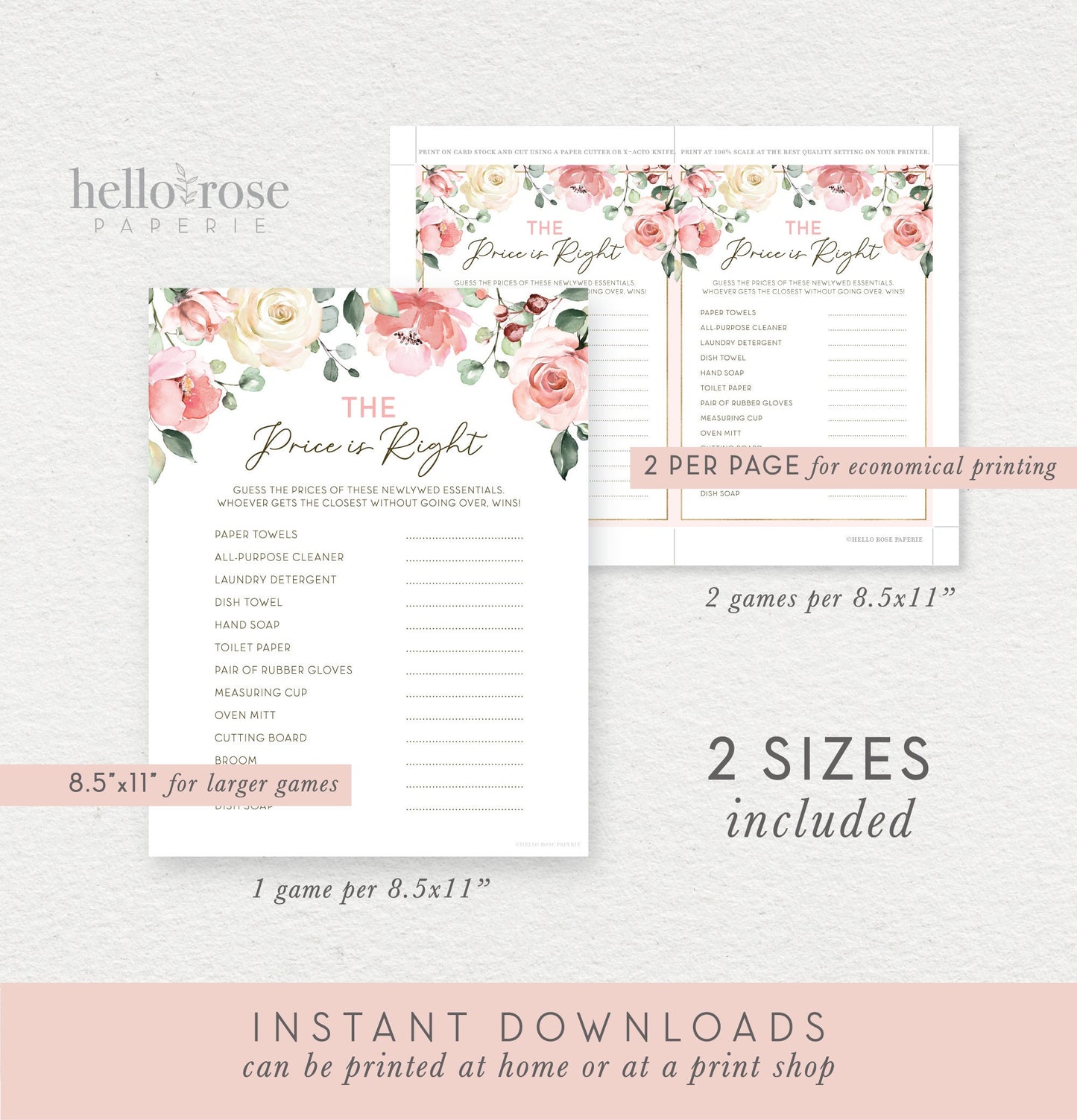 The Price is Right Bridal Shower Printable Game . Bachelorette Hens Party . Floral Blush Pink Roses Eucalyptus Greenery . Instant Download