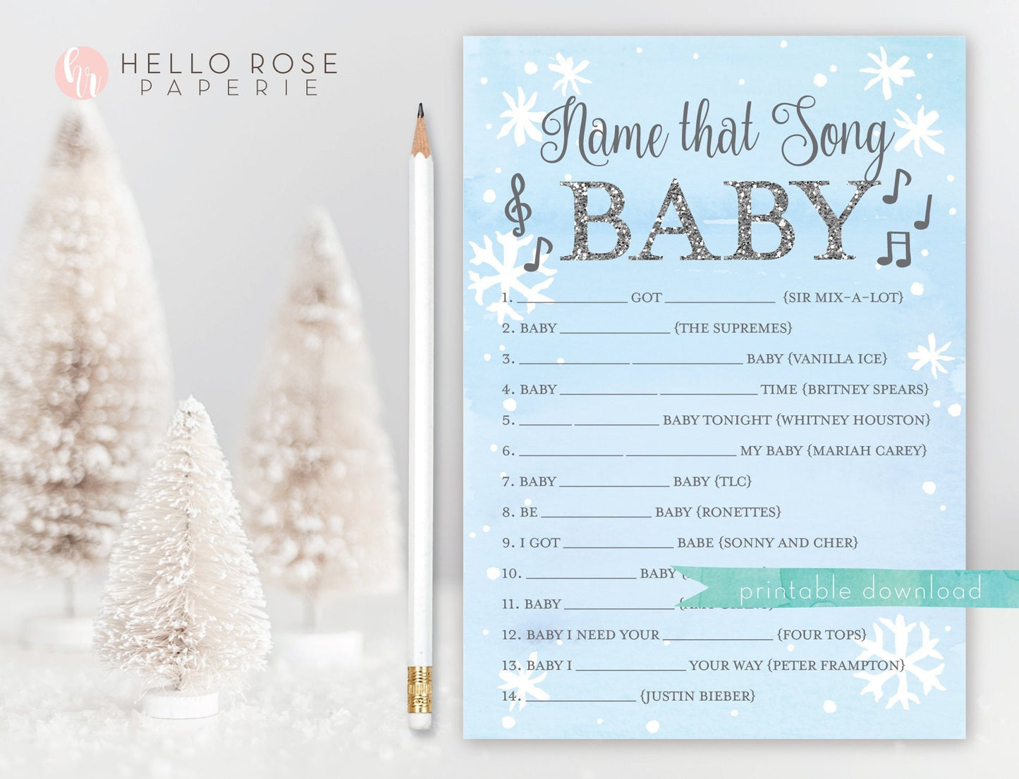 Name That Song Baby Shower Game . Baby It's Cold Outside Boy . Winter Snowflakes Blue and Silver . Printable or Virtual Instant Download