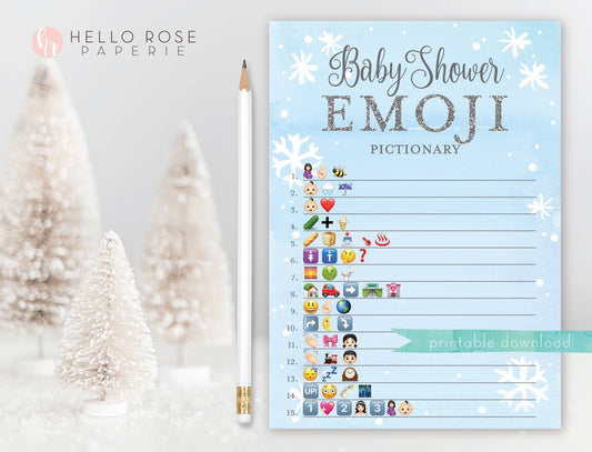 Baby Shower Emoji Pictionary Game . Baby It's Cold Outside Boy . Blue and Silver Winter Wonderland Snowflakes . Printable Instant Download