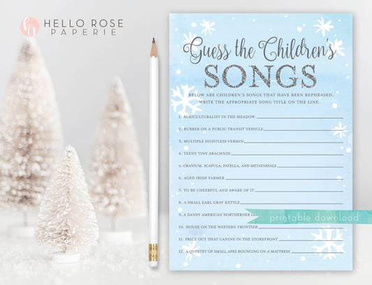 Guess the Children's Songs Baby Shower Game . Baby It's Cold Outside Boy . Winter Snowflakes Blue and Silver . Printable Instant Download
