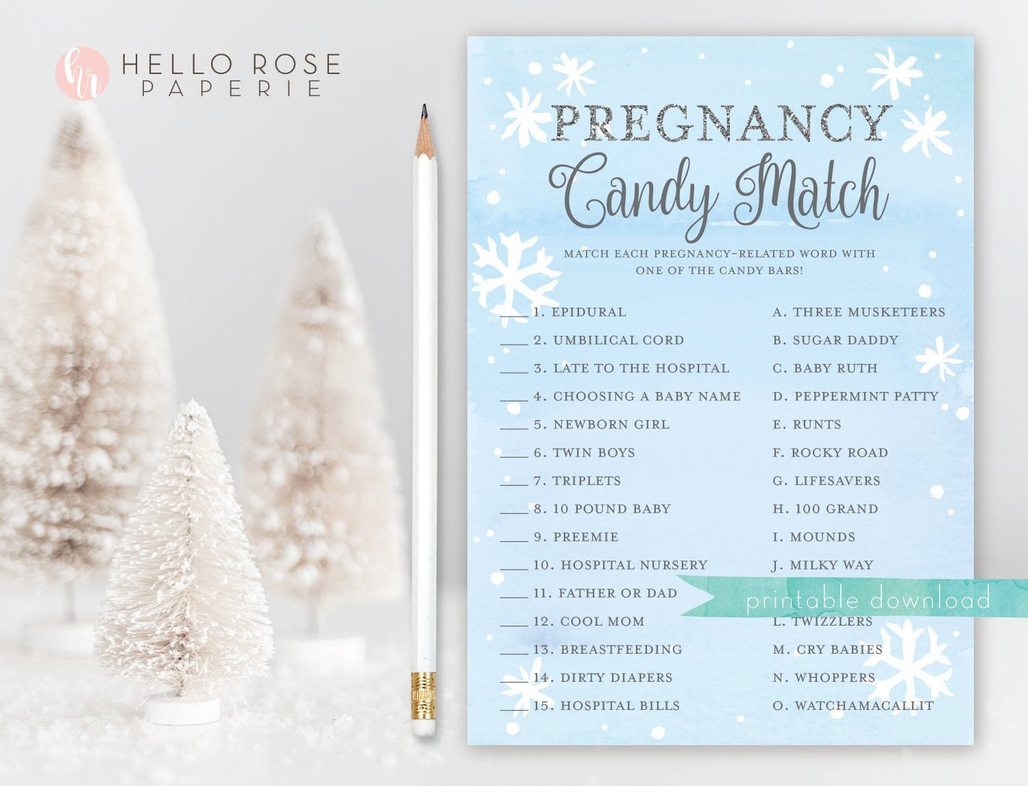 Pregnancy Candy Match . Baby Shower Game . Baby It's Cold Outside Boy . Blue Silver . Winter Snowflakes . Printable Instant Download