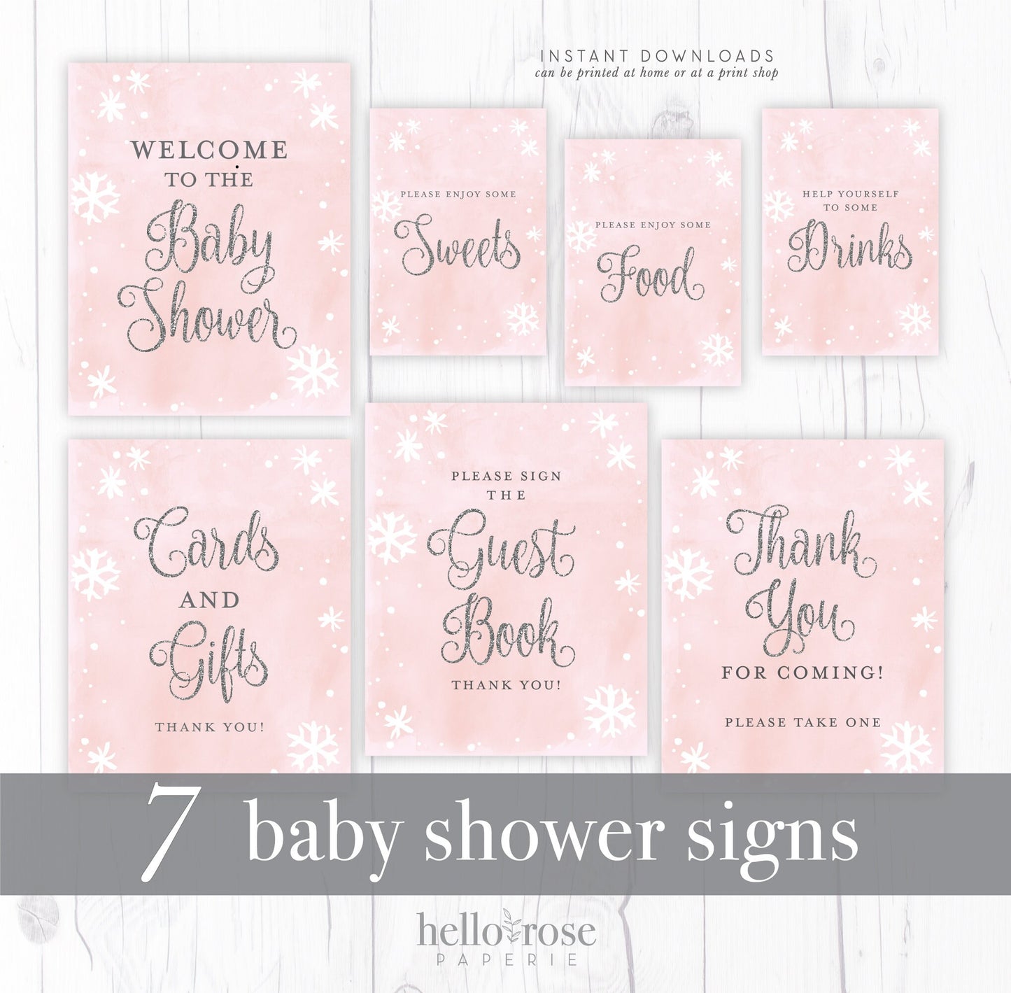 7 Printable Baby Shower Table Signs Bundle . Pink & Silver Girl . Winter Wonderland Snowflakes Baby it's Cold Outside . Instant Download PDF