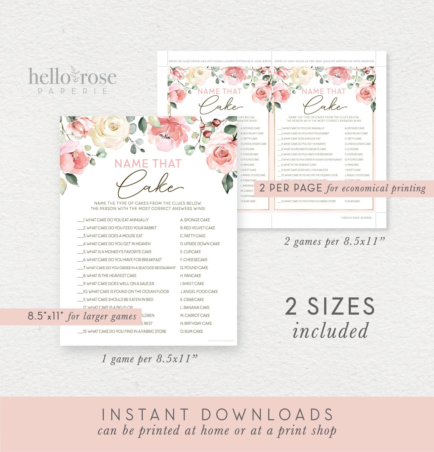Name That Cake Floral Bridal Shower Game . Printable Icebreaker . Hen Bachelorette Party . Pink Rose Eucalyptus . Instant Download