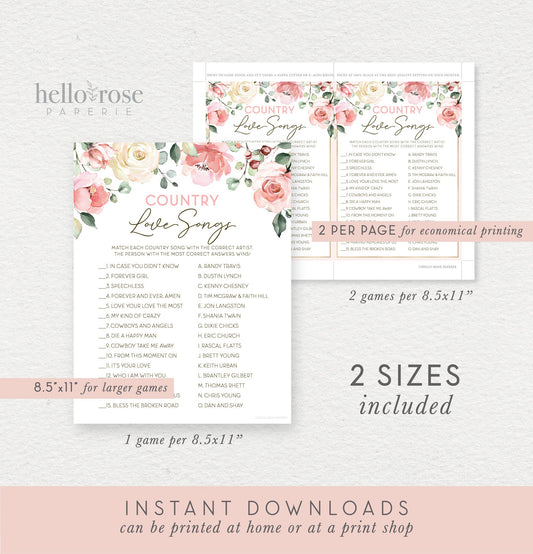 Country Love Songs Bridal Shower Trivia Game . Printable Icebreaker . Hen Bachelorette Party . Pink Rose Eucalyptus . Instant Download