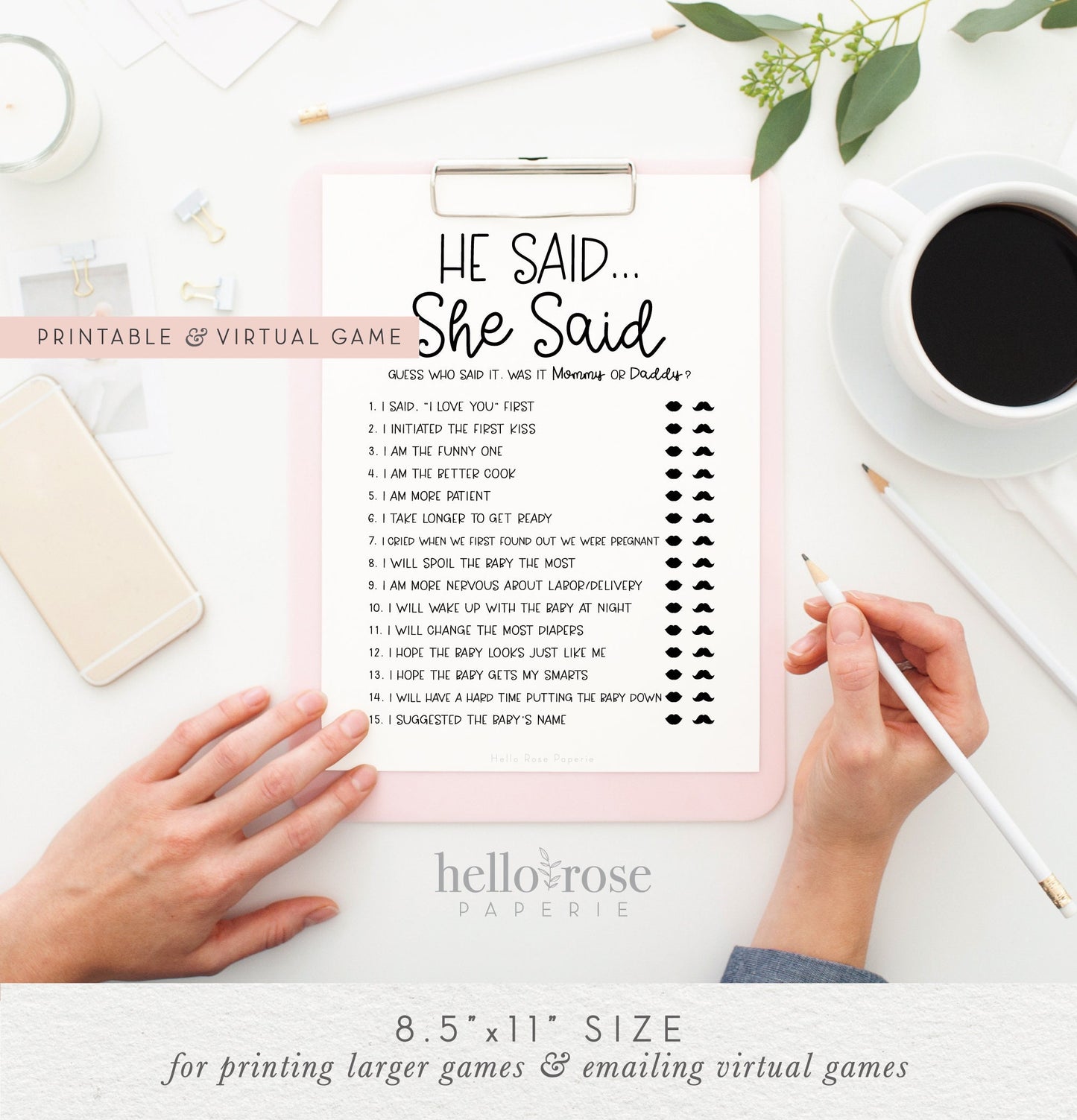 He Said She Said . Guess Who Said it Mommy or Daddy . Baby Shower Virtual and Printable Game . Kraft + Black & White . Instant Download PDF