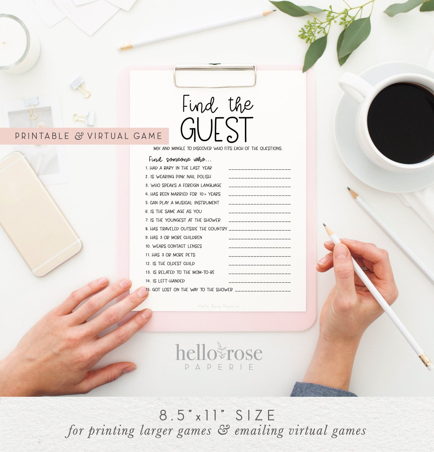 Find the Guest Baby Shower Game . Icebreaker Virtual and Printable Game . Kraft + Minimalist Black & White . Instant Digital Download K4