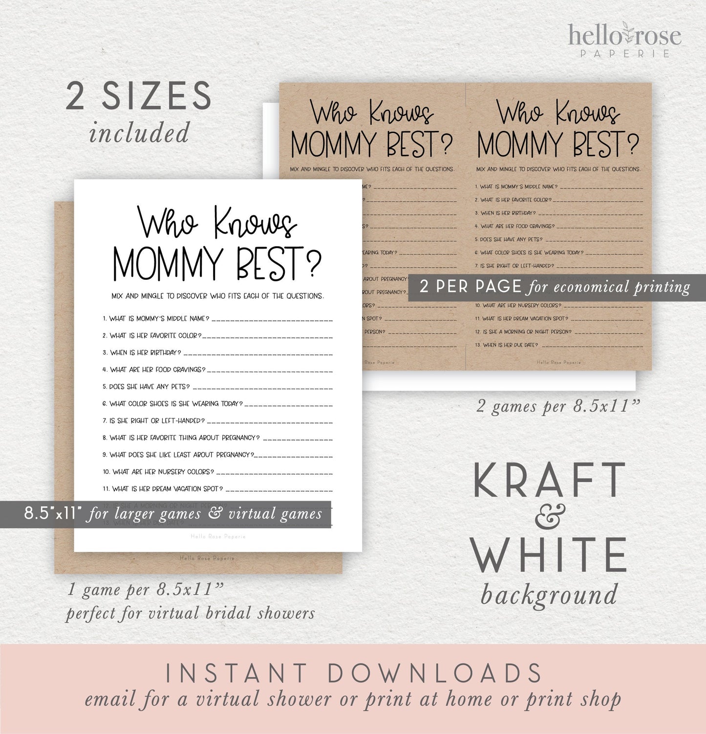 Who Knows Mommy Best Baby Shower Game . Printable Shower Game . Kraft + Minimalist Black & White . Instant Digital Download PDF . K4