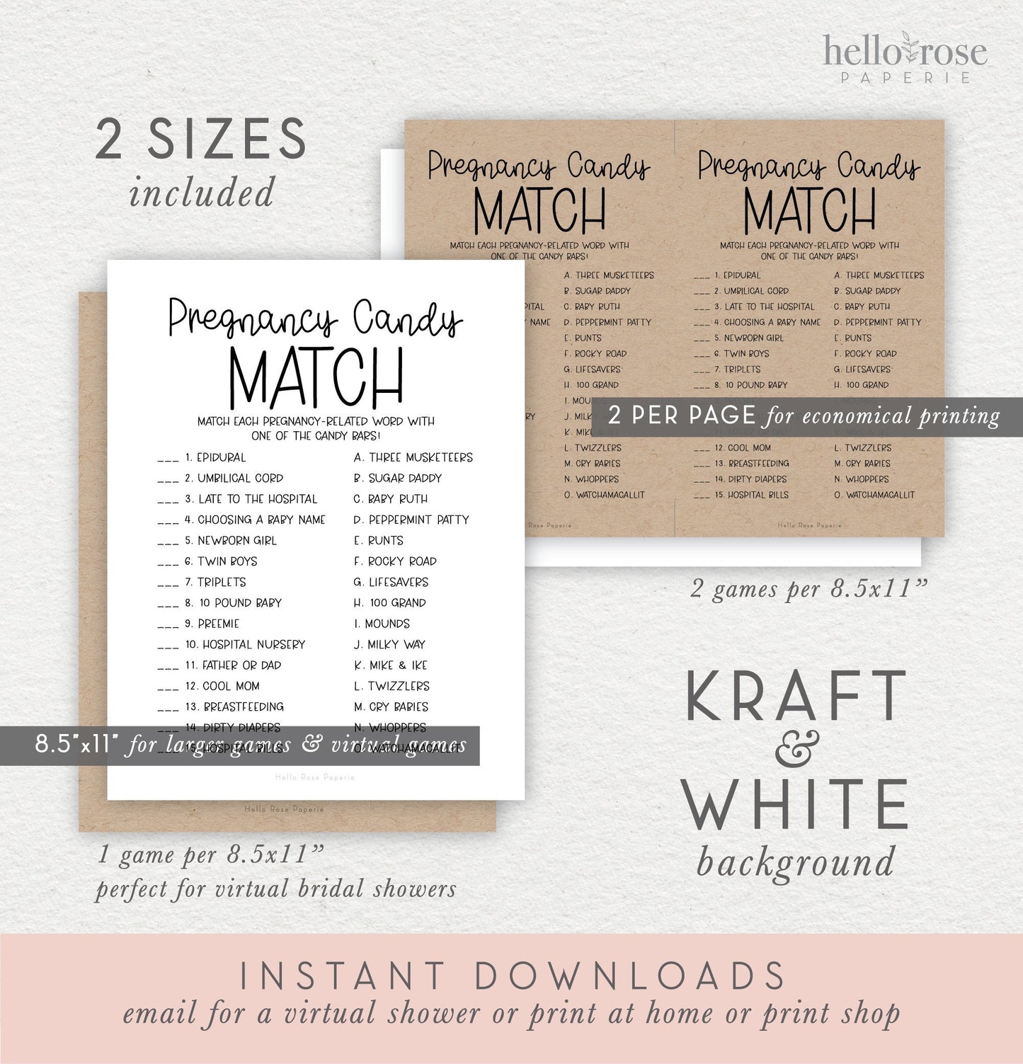 Pregnancy Candy Match Game . Baby Shower Sweets Candy Trivia . Boy Girl Neutral . Kraft + Minimalist Black & White . Instant Download PDF K4