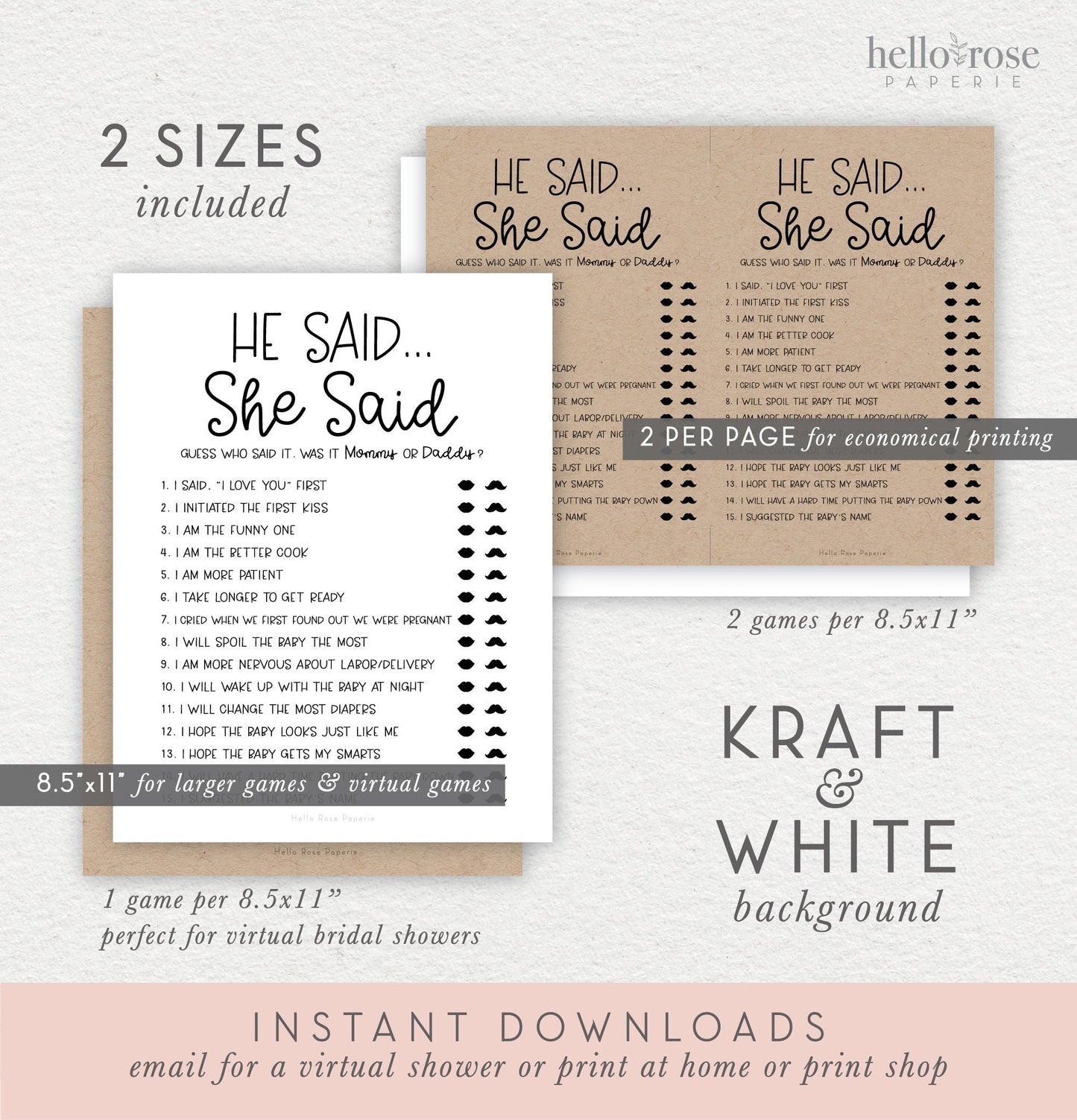 He Said She Said . Guess Who Said it Mommy or Daddy . Baby Shower Virtual and Printable Game . Kraft + Black & White . Instant Download PDF