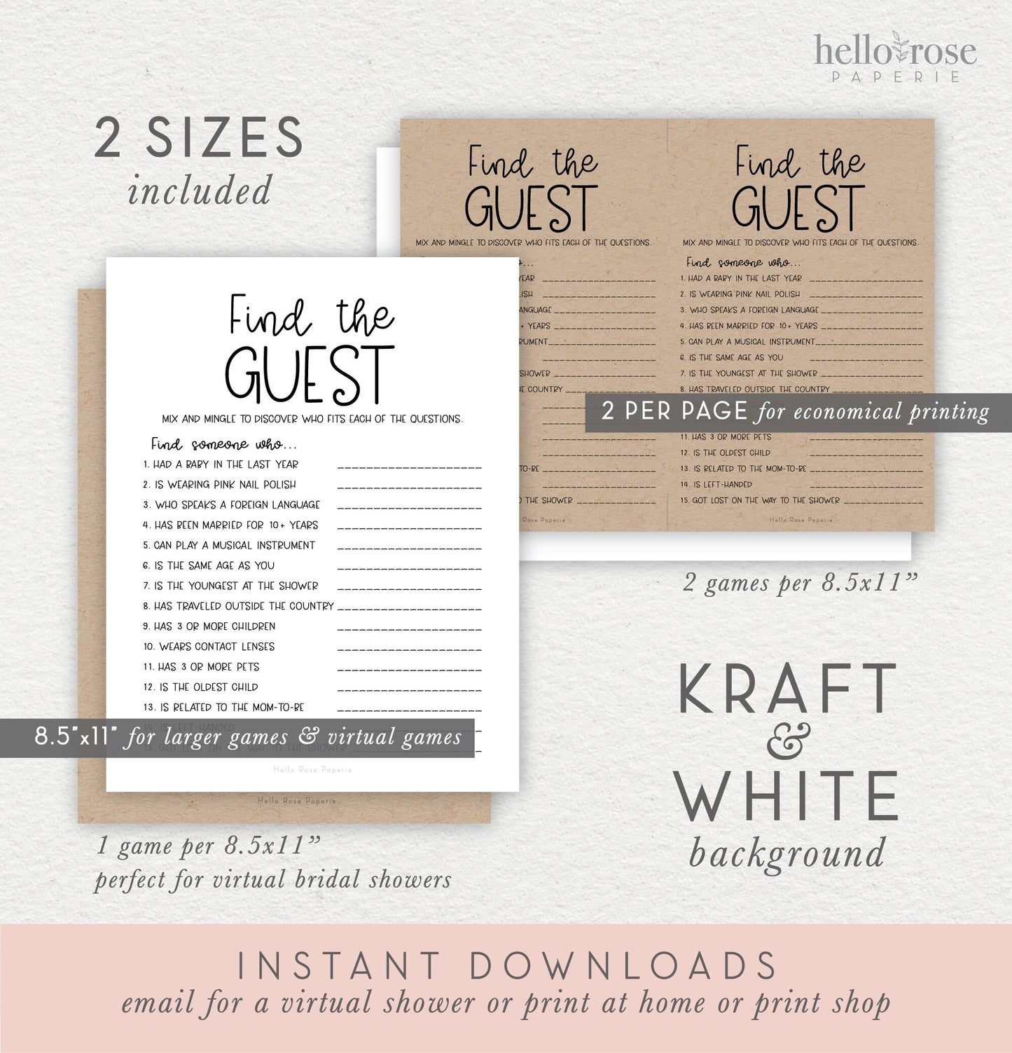 Find the Guest Baby Shower Game . Icebreaker Virtual and Printable Game . Kraft + Minimalist Black & White . Instant Digital Download K4