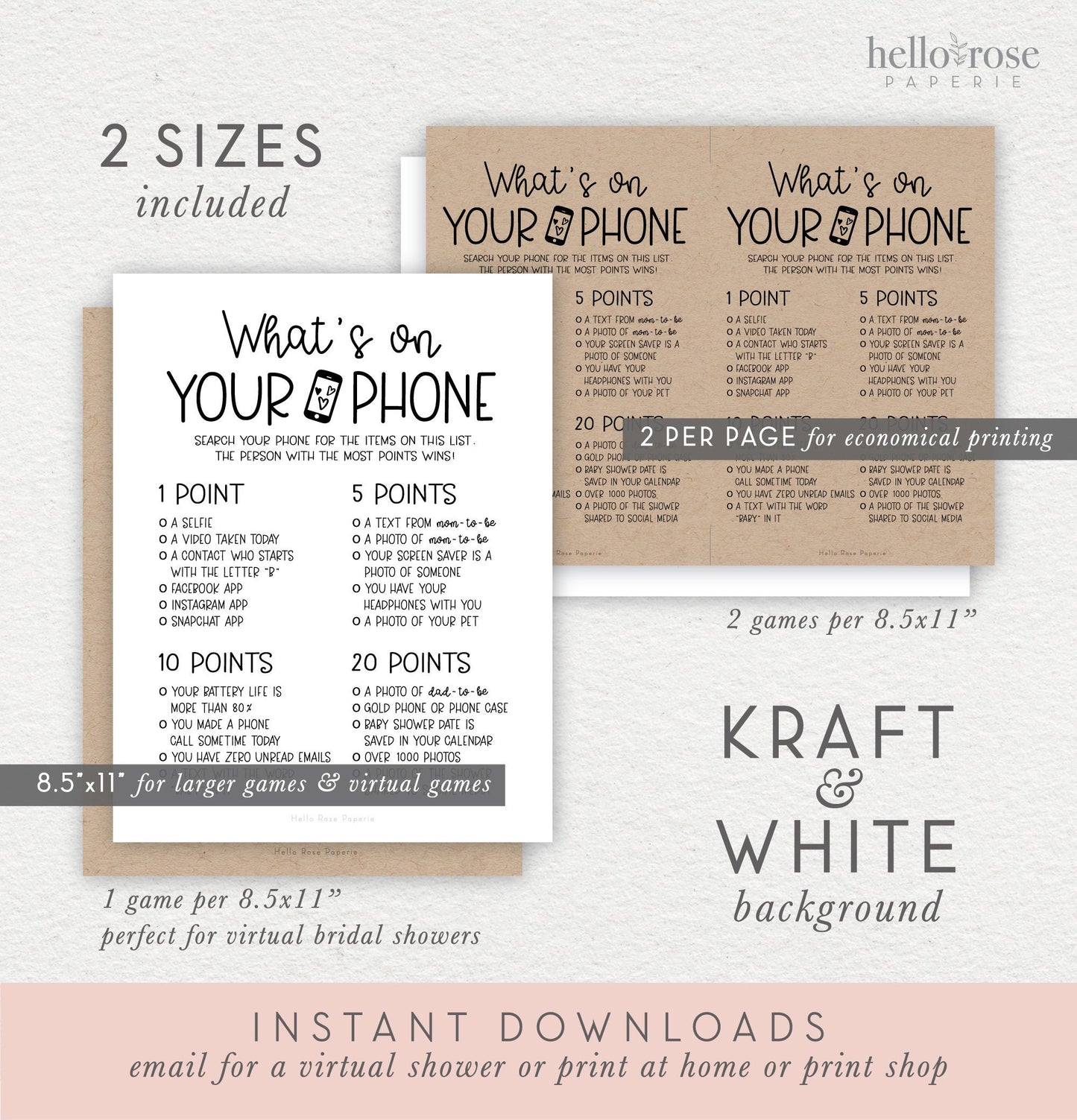 What's on Your Phone Baby Shower Game . Icebreaker Printable Game . Kraft + Minimalist Black White . Instant Digital Download PDF . K4