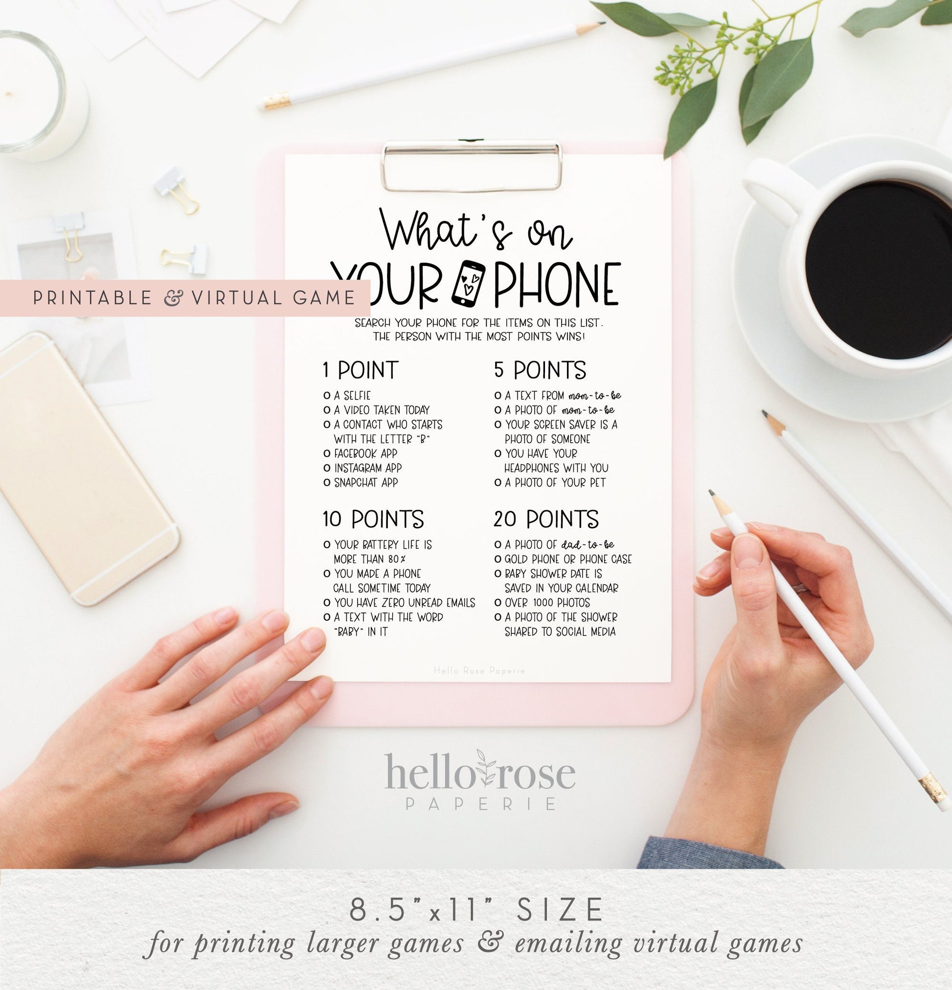 What's on Your Phone Baby Shower Game . Icebreaker Printable Game . Kraft + Minimalist Black White . Instant Digital Download PDF . K4