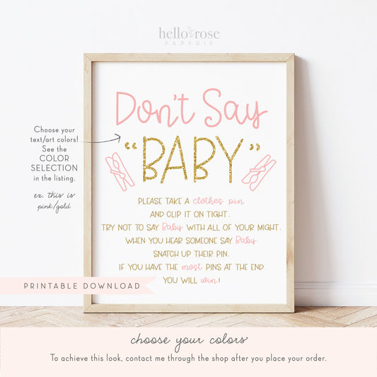 Don't Say Baby Clothespin Shower Game Table Sign . Pink and Rose Gold . Girl Baby Shower Game . Printable 8x10 Instant Download . K4