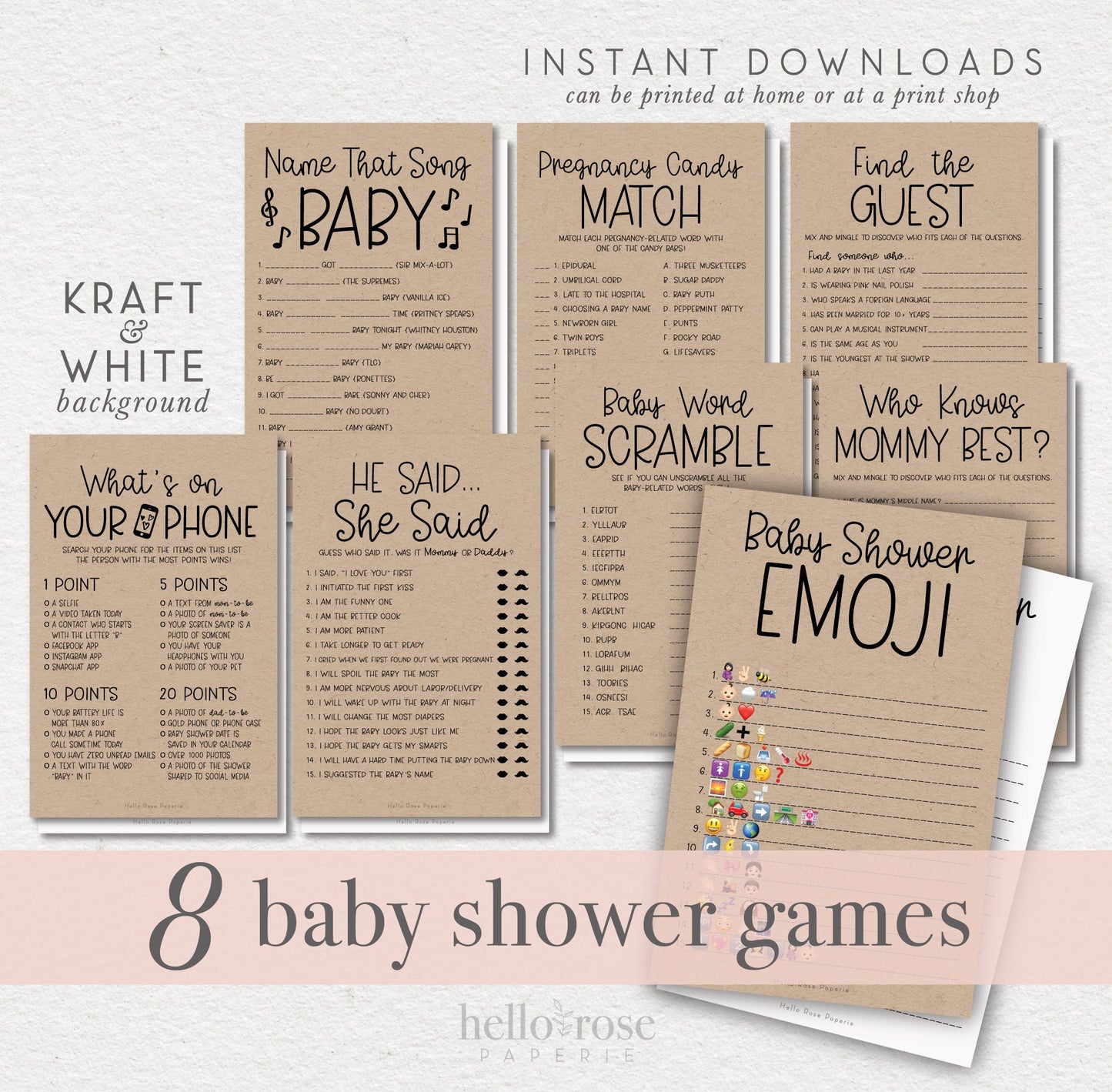 Baby Shower Games Bundle . 8 Printable and Virtual Game Pack . 2 Sizes . Kraft + Black & White . Rustic Boho Boy Girl . Instant Download K4