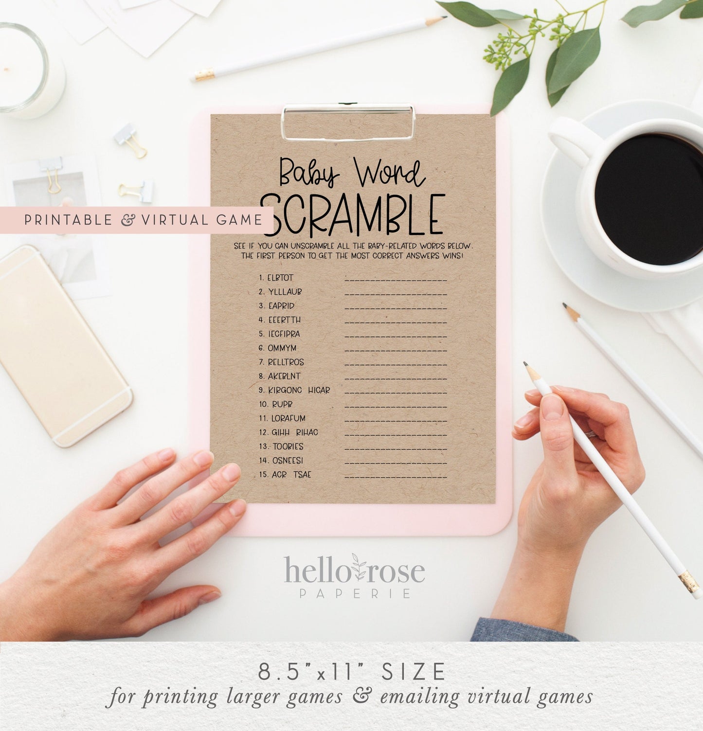 Baby Shower Games Bundle . 8 Printable and Virtual Game Pack . 2 Sizes . Kraft + Black & White . Rustic Boho Boy Girl . Instant Download K4