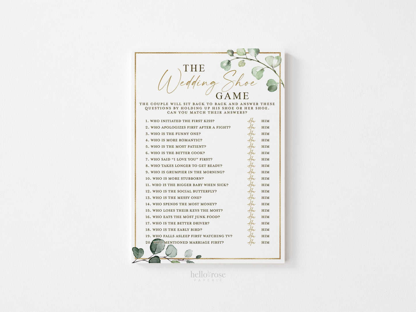 The Wedding Shoe Printable Bridal Shower Wedding Game . Fun Couple Game . Greenery and Gold . Hens Bachelorette Party . Instant Download G2